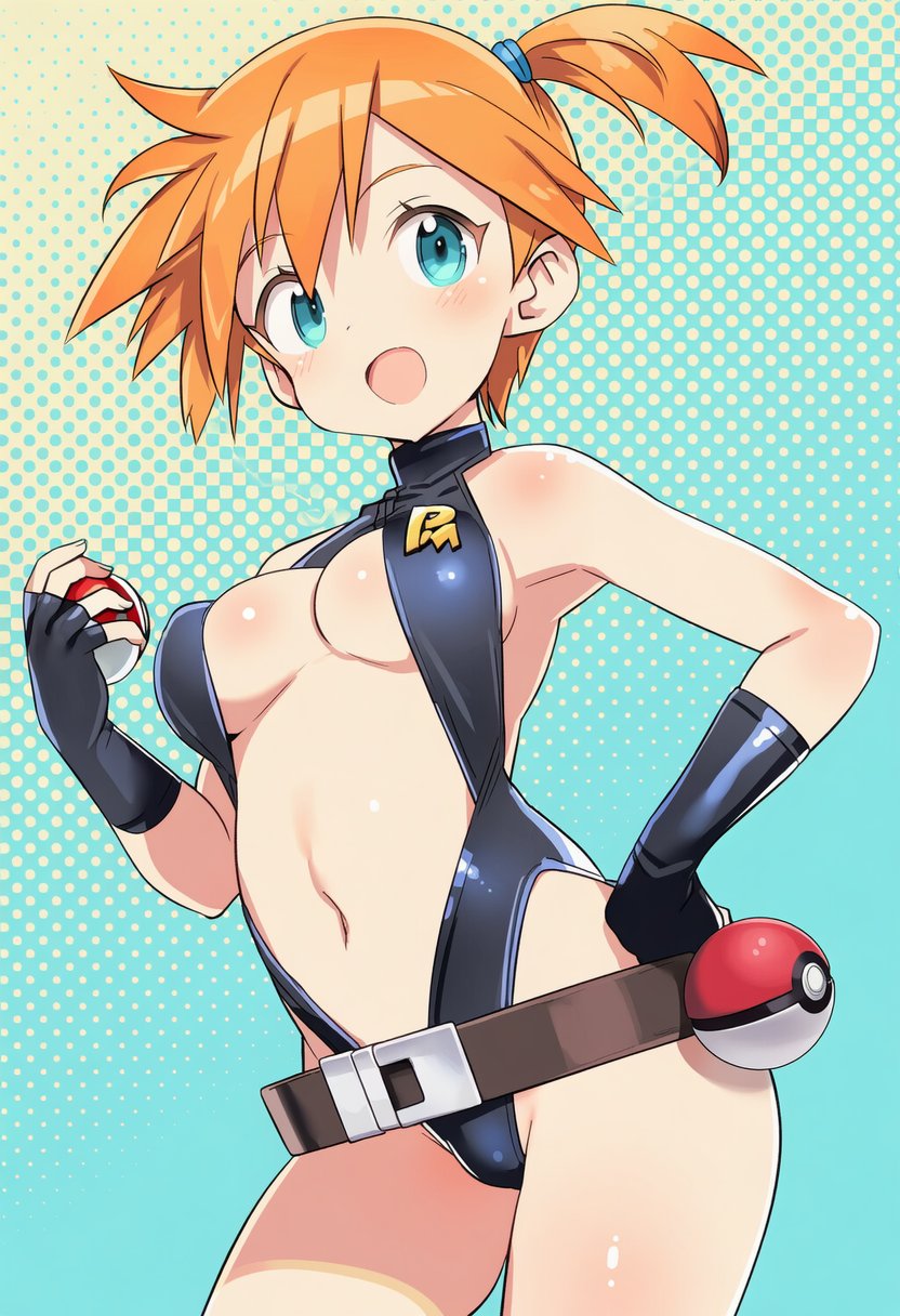 misty (pokemon), nintendo, pokemon, pokemon: the electric tale of pikachu, pokemon rgby, 1girl, :d, aqua eyes, armpits, bare shoulders, belt, black gloves, black one-piece swimsuit, blue eyes, blush, breasts, brown belt, casual one-piece swimsuit, center opening, cowboy shot, fingerless gloves, gloves, gradient background, gym leader, hand on own hip, highleg, holding, holding poke ball, looking at viewer, medium breasts, navel, one-piece swimsuit, open mouth, orange hair, poke ball, poke ball (basic), ponytail, shiny skin, short hair, side ponytail, slingshot swimsuit, smile, solo, standing, swimsuit, viola illust