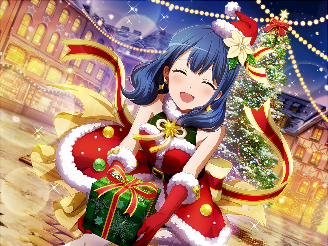 hanayagi kaoruko, shoujo kageki revue starlight, shoujo kageki revue starlight -re live-, game cg, official art, 1girl, blue hair, blush, building, christmas, christmas present, christmas tree, closed eyes, dress, dutch angle, facing viewer, gift, gloves, hat, holding, holding gift, incoming gift, medium hair, night, open mouth, red dress, red gloves, red hat, santa costume, santa hat, solo, upper body