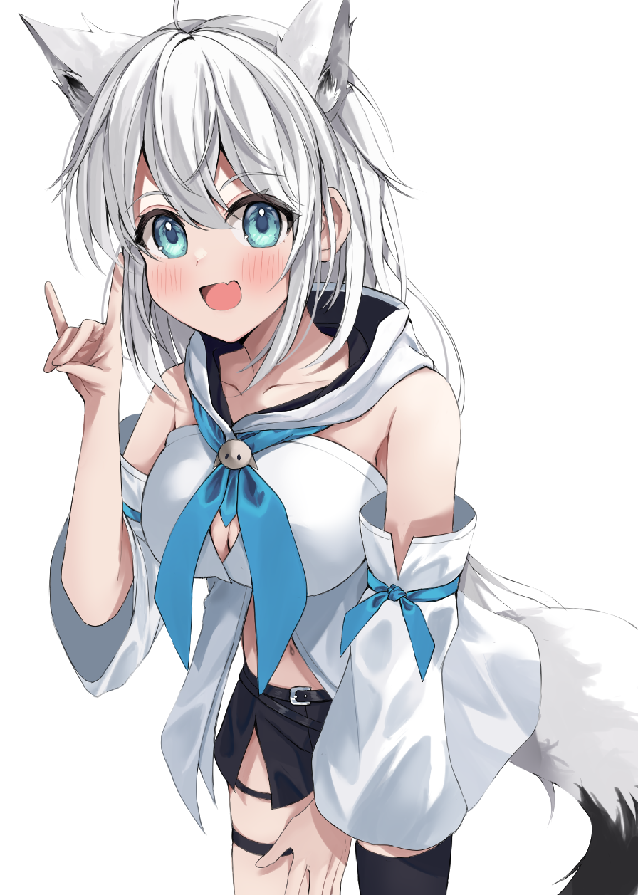 nekoshima kaede, shirakami fubuki, shirakami fubuki (1st costume), hololive, commentary request, highres, 1girl, ahoge, animal ear fluff, animal ears, aqua eyes, black shorts, black thighhighs, breasts, cleavage, detached sleeves, fox ears, fox girl, fox shadow puppet, fox tail, hood, hoodie, large breasts, long hair, open mouth, shorts, single thighhigh, smile, solo, tail, thigh strap, thighhighs, virtual youtuber, white hair, white hoodie, white sleeves