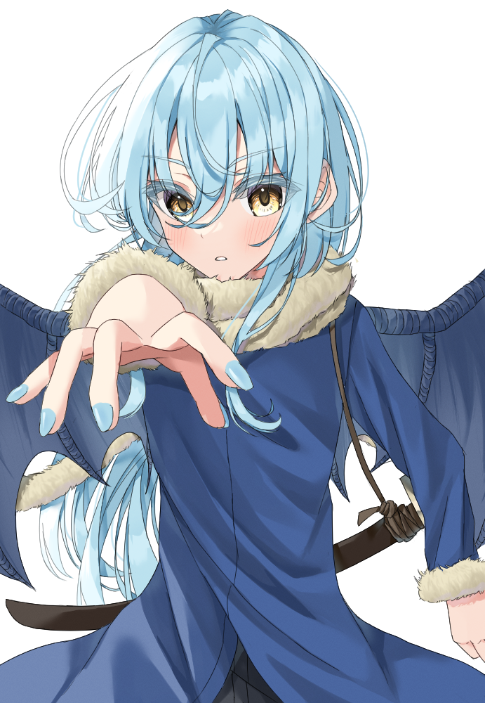 nekoshima kaede, rimuru tempest, tensei shitara slime datta ken, commentary request, 1other, blue coat, blue hair, blue nails, blush, closed mouth, coat, colored eyelashes, demon wings, fur-trimmed coat, fur trim, long hair, looking at viewer, nail polish, sidelocks, white background, wings, yellow eyes