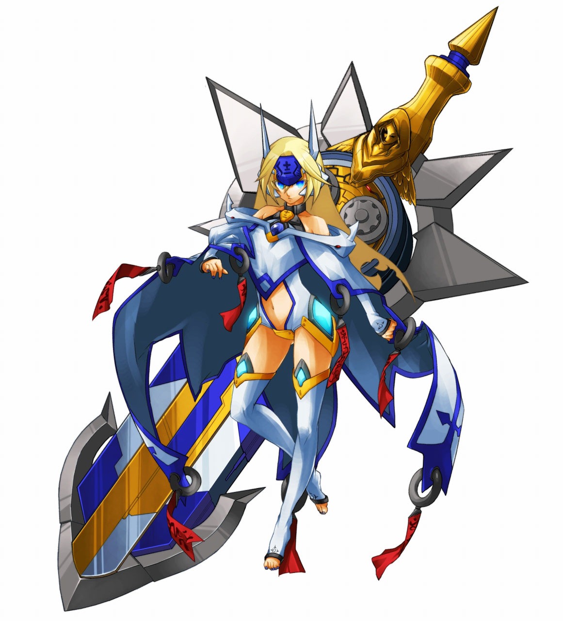 katou yuuki, mu-12, arc system works, blazblue, highres, official art, 1girl, barefoot, blonde hair, blue eyes, brooch, cloak, female focus, flat chest, glowing, glowing eyes, helmet, horns, huge weapon, jewelry, leotard, long hair, midriff, nail polish, navel, off shoulder, ofuda, simple background, solo, standing, standing on one leg, statue, sword, thighhighs, tiptoes, toeless legwear, toes, turtleneck, weapon, white thighhighs, zettai ryouiki