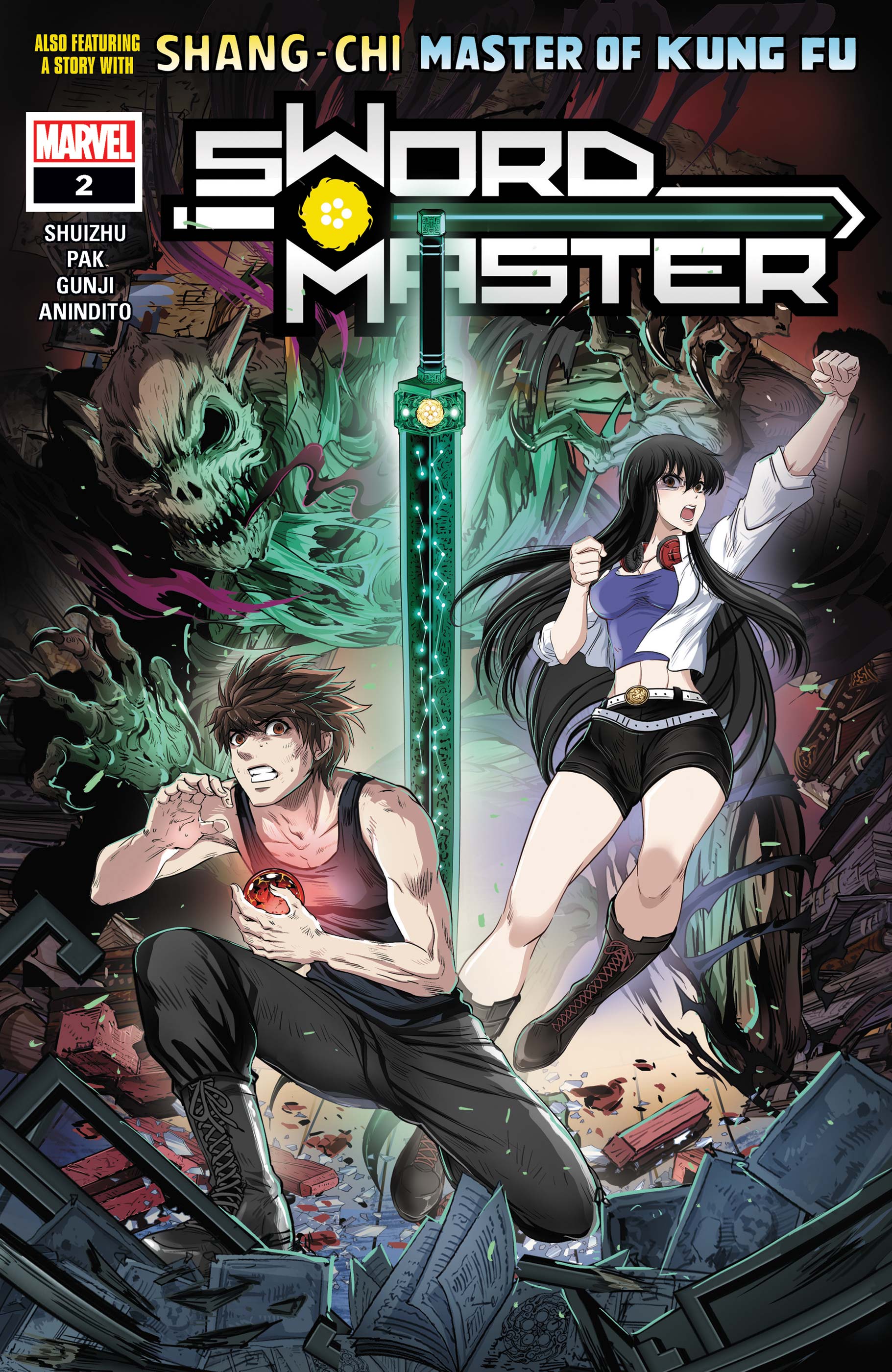 marvel, absurdres, comic cover, highres, official art, 1boy, 1girl, artist name, belt, black boots, black hair, black pants, black shorts, black tank top, book, boots, brown eyes, brown hair, chen xiaoyun (gunji), clenched hands, clenched teeth, copyright logo, copyright name, cover, cover page, dirty, dirty face, english text, fingernails, hand up, headphones, headphones around neck, holding, holding orb, jacket, ji shuangshuang, lin lie (marvel), logo, long hair, midriff, monster, muscular, muscular male, open mouth, orb, pants, purple-tinted eyewear, purple shirt, raised fist, scouter, sharp fingernails, shirt, short hair, shorts, sweatdrop, sword, sword master (marvel), tank top, teeth, tinted eyewear, weapon, white belt, white jacket
