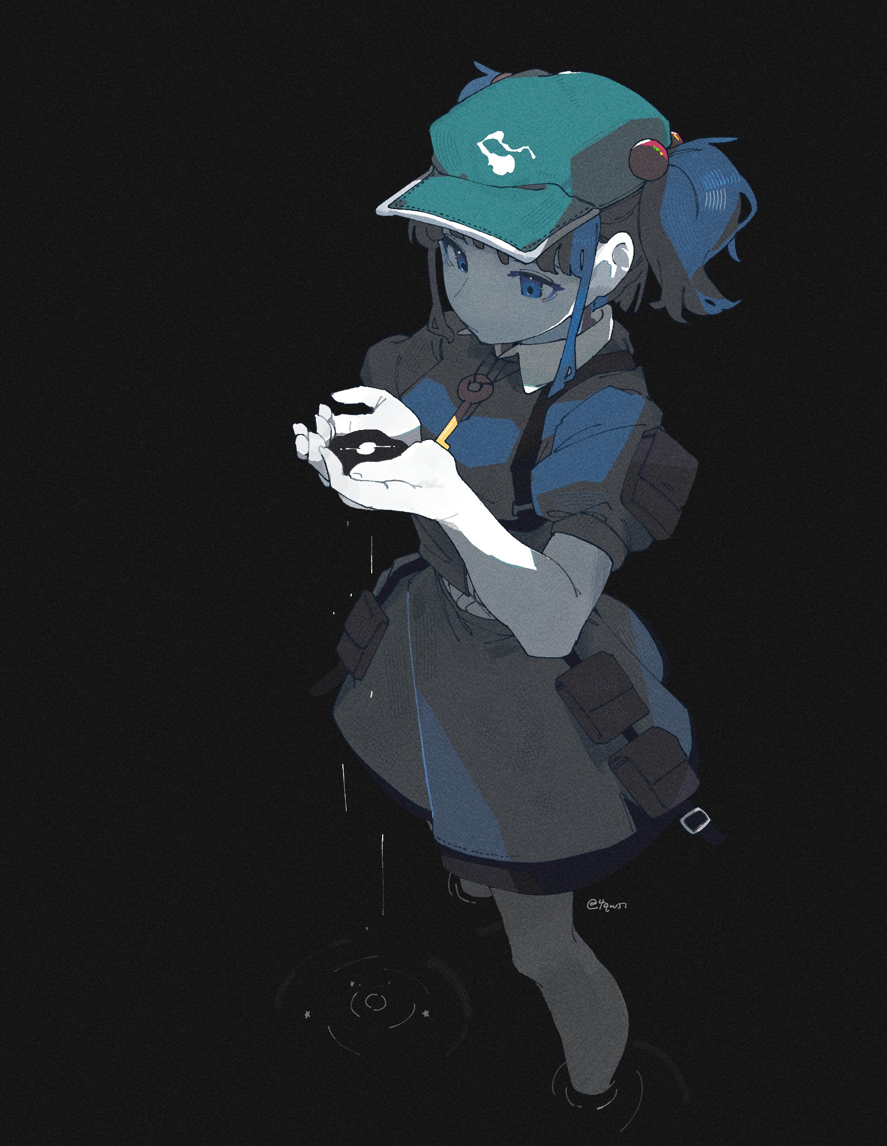 4qw5, kawashiro nitori, touhou, commentary request, highres, blue dress, blue eyes, blue hair, dark background, dress, full body, hair bobbles, hair ornament, hat, holding, in water, jewelry, key, key necklace, necklace, pocket, water