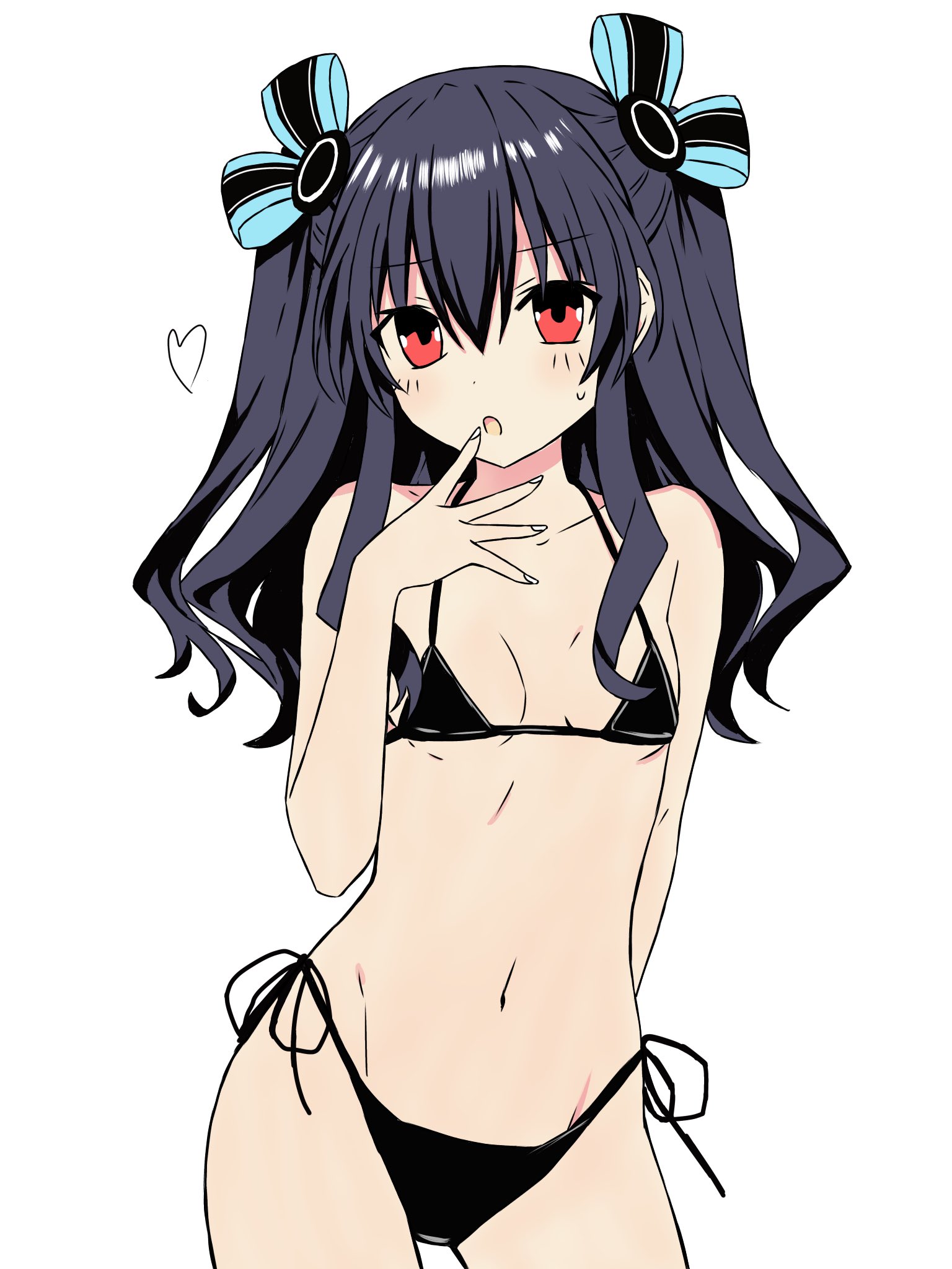uni (neptunia), neptune (series), commentary, highres, 1girl, arm behind back, asuto110, bikini, black bikini, black bow, black hair, blue bow, bow, breasts, collarbone, cowboy shot, finger to mouth, groin, hair bow, hair ornament, heart, long hair, looking at viewer, micro bikini, multicolored bow, navel, open mouth, red eyes, sidelocks, simple background, small breasts, solo, string bikini, sweatdrop, swimsuit, two side up, white background