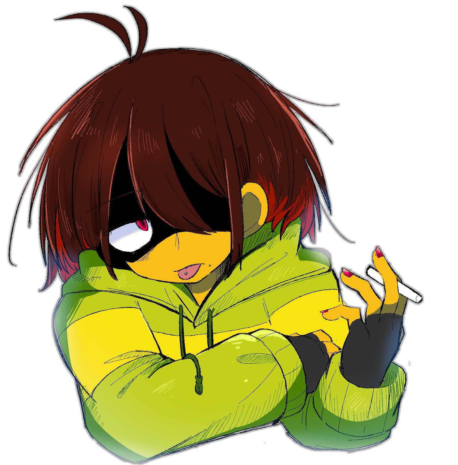 kris (deltarune), deltarune, utdr (toby fox), highres, :p, brown hair, cigarette, green hoodie, holding, holding cigarette, hood, hoodie, partially shaded face, red eyes, single stripe, striped clothes, striped hoodie, t hanada 444, tongue, tongue out, two-tone hoodie