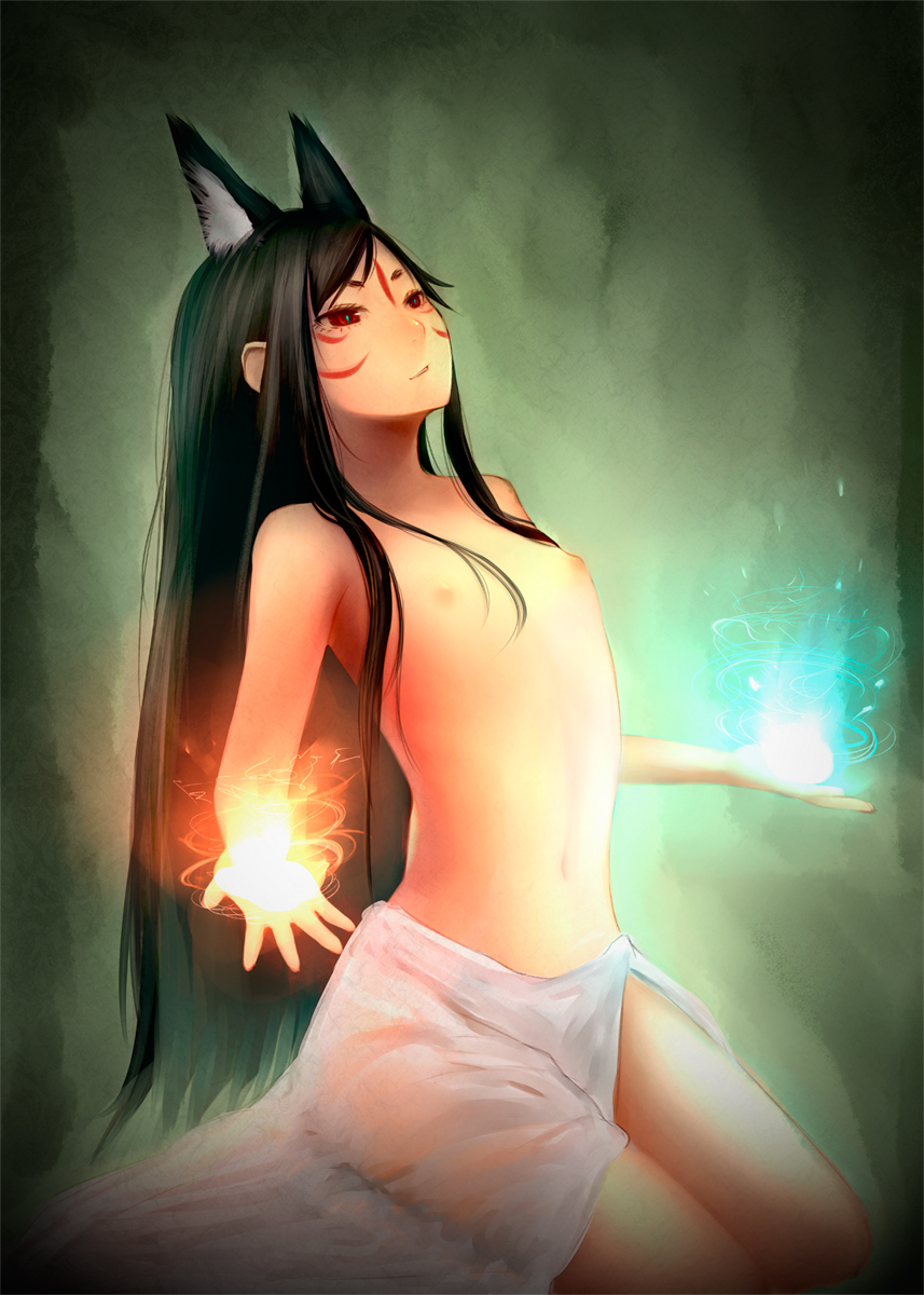 kushima rei, original, bad id, bad pixiv id, highres, 1girl, animal ears, black hair, facepaint, female focus, flat chest, fox ears, gradient background, long hair, nipples, solo, topless female