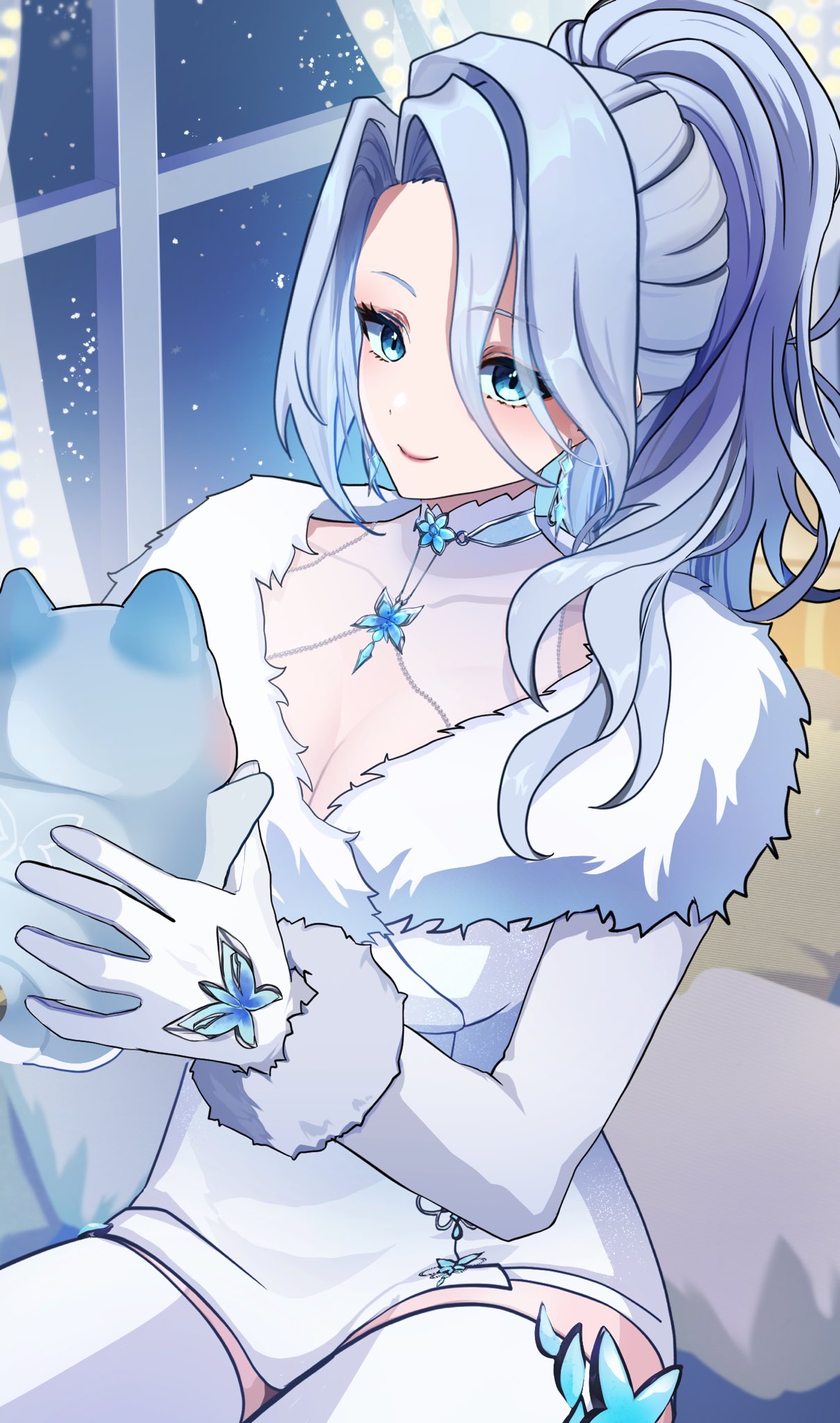 atae at, indie virtual youtuber, commentary, english commentary, highres, 1girl, blue choker, blue eyes, blue hair, breasts, brooch, butterfly ornament, choker, cleavage, crystal earrings, dress, earrings, fur trim, gloves, hair over shoulder, jewelry, long hair, monarch amalee, monarch amalee (winter), official alternate costume, ponytail, scuffling (amalee), snow, thighhighs, virtual youtuber, white dress, white gloves, white thighhighs, window