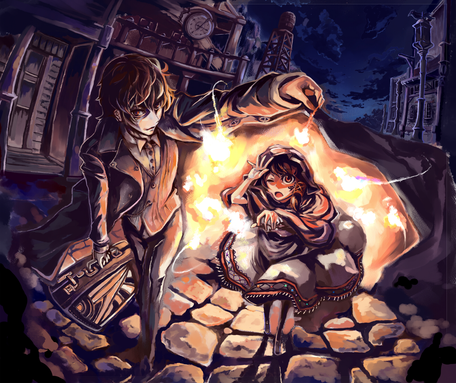 teku, original, highres, 1boy, 1girl, bag, building, city, clock, cloud, fire, night, red hair, road, shadow, sky, tattoo