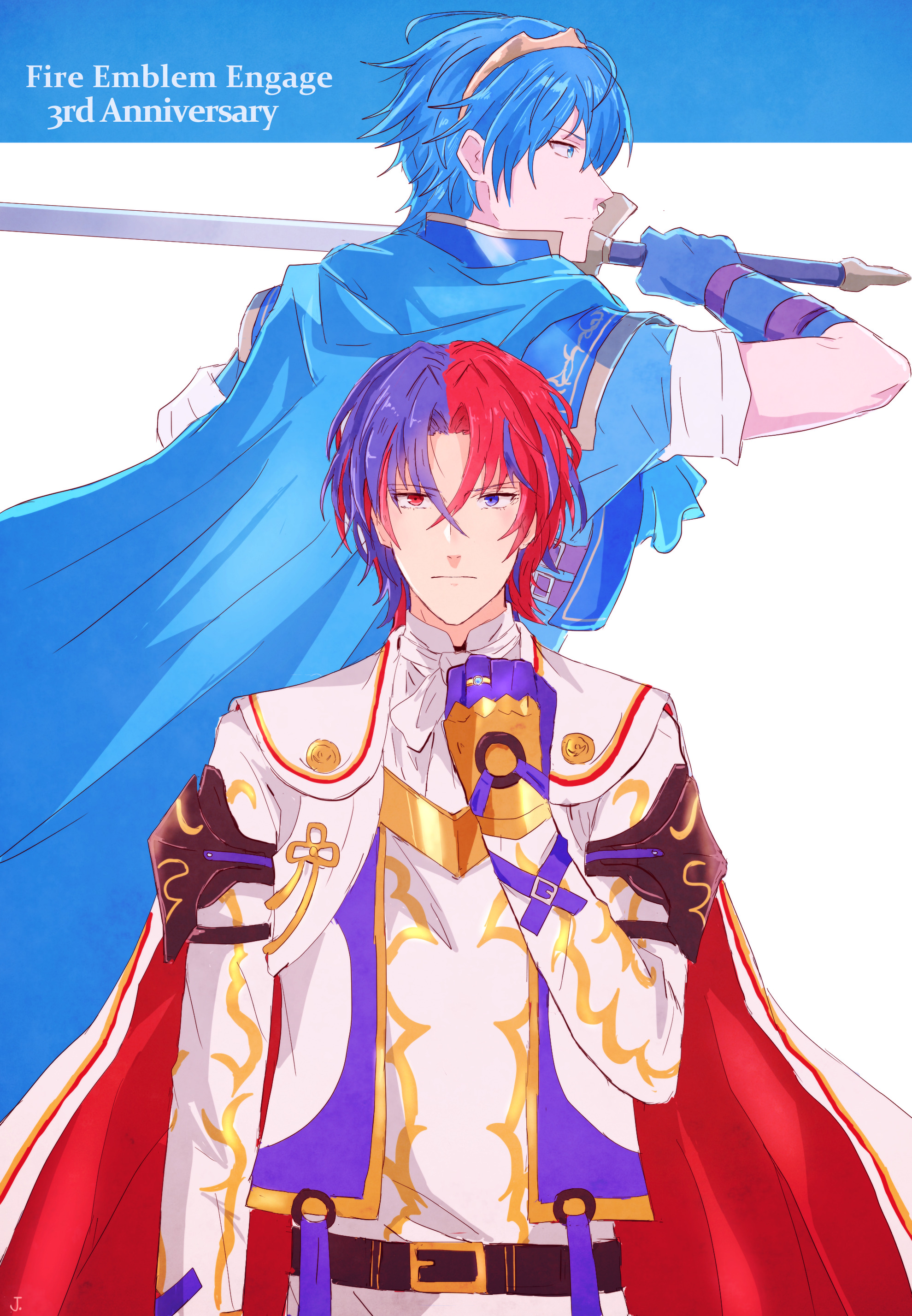 jupiter (042073), male alear (fire emblem), marth (fire emblem), fire emblem, fire emblem: mystery of the emblem, fire emblem engage, nintendo, absurdres, commentary, english commentary, highres, 2boys, anniversary, blue eyes, blue hair, crossed bangs, emblem (fire emblem engage), hair between eyes, heterochromia, looking at viewer, male focus, multicolored hair, multiple boys, prince, red eyes, red hair, short hair, split-color hair, two-tone hair