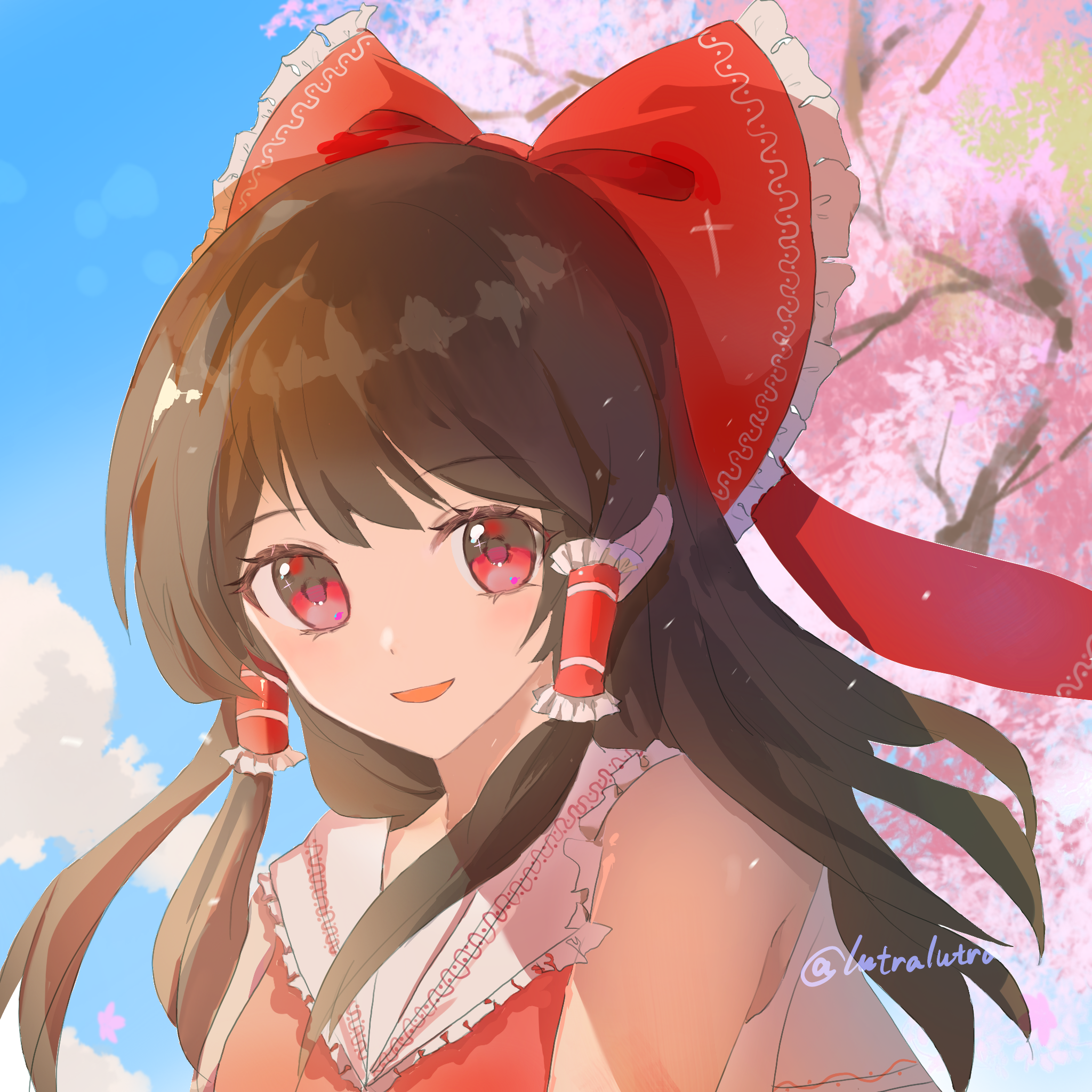 hakurei reimu, touhou, chinese commentary, commentary request, highres, 1girl, blue sky, bow, brown hair, cherry blossoms, cloud, day, frilled bow, frilled hair tubes, frills, hair bow, hair tubes, long hair, looking at viewer, open mouth, red bow, red eyes, sky, smile, solo, tairouchan, twitter username