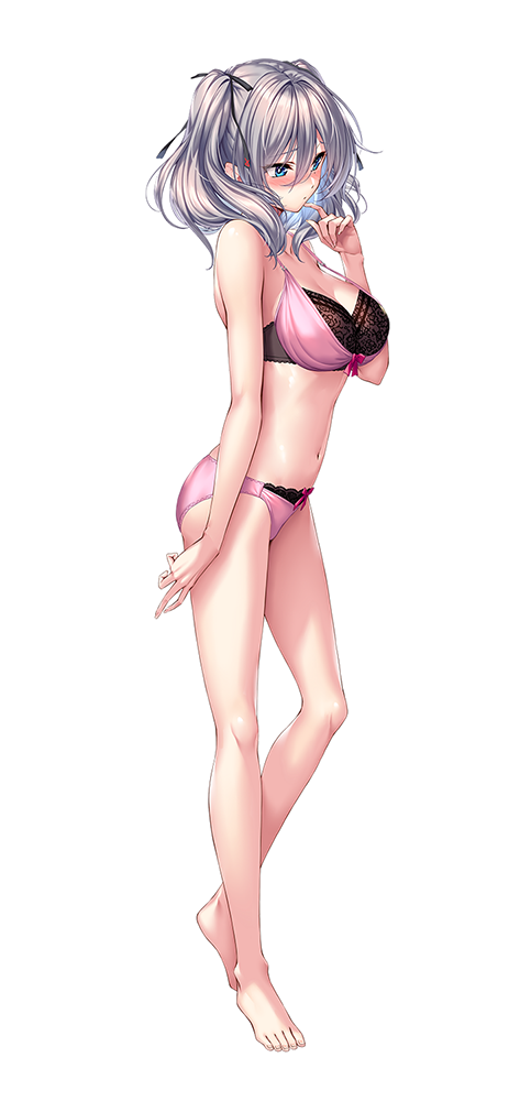 piromizu, amakano 2, official art, 1girl, averting eyes, bare arms, bare legs, barefoot, black bra, black ribbon, blue eyes, blush, bra, breasts, closed mouth, full body, grey hair, hair between eyes, jigokudani sara, large breasts, legs, lingerie, looking at viewer, medium hair, mole, mole under eye, multicolored bra, navel, panties, pink bra, pink panties, ribbon, simple background, solo, standing, stomach, tachi-e, twintails, underwear, white background