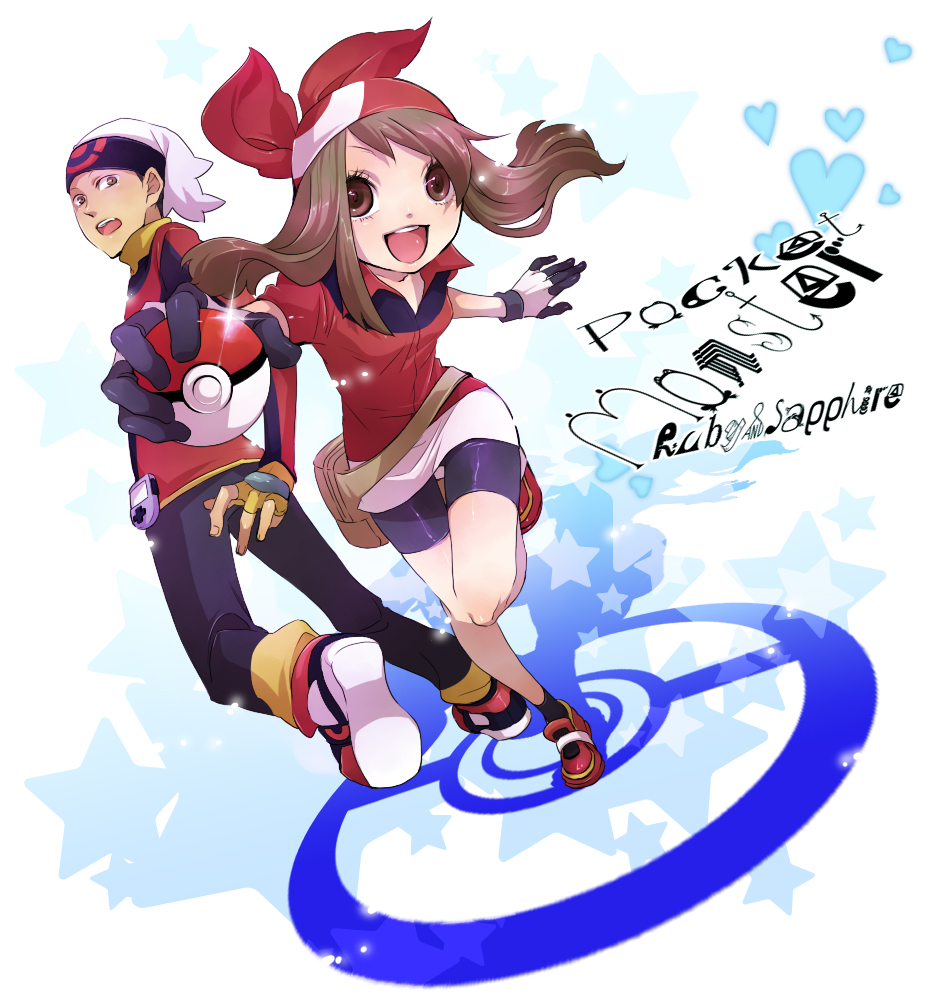 akezu, brendan (pokemon), may (pokemon), nintendo, pokemon, pokemon rse, bad id, bad pixiv id, 00s, 1boy, 1girl, bandana, bike shorts, black hair, brown eyes, brown hair, copyright name, english text, fingerless gloves, gloves, hat, holding, holding poke ball, latex, looking back, open mouth, poke ball