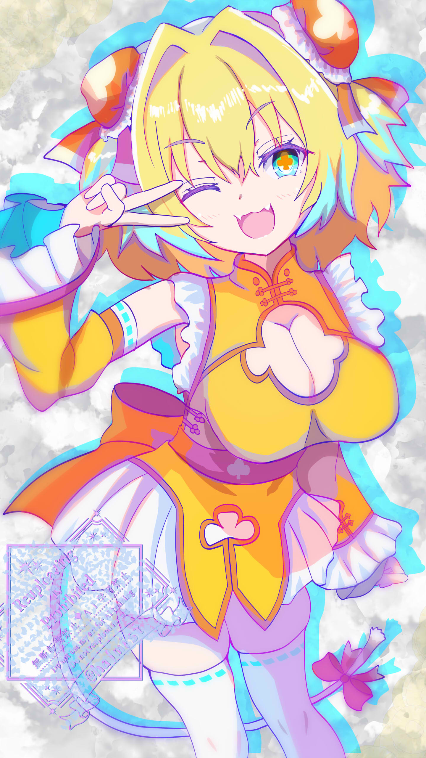 halmist, pine (bombergirl), bombergirl, absurdres, commentary request, highres, 1girl, aqua streaks, blonde hair, breasts, cleavage, cleavage cutout, clothing cutout, clover-shaped pupils, detached sleeves, dress, fangs, green eyes, large breasts, looking at viewer, medium hair, multicolored hair, open mouth, skin fangs, smile, solo, streaked hair, symbol-shaped pupils, thighhighs, v, white thighhighs, yellow dress, yellow sleeves