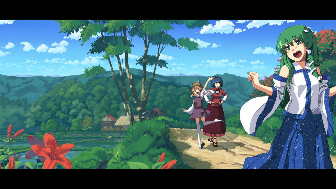 takuzui, kochiya sanae, moriya suwako, yasaka kanako, touhou, white legwear, 3girls, :d, anklet, aqua eyes, blonde hair, blue hair, cloud, day, detached sleeves, female focus, flower, forest, frog hair ornament, green hair, hair ornament, hands on own hips, hat, hill, jewelry, letterboxed, lily (flower), looking at another, looking to the side, multiple girls, nature, open mouth, outdoors, rice paddy, road, running, rural, sandals, scenery, skirt, skirt set, sky, smile, snake hair ornament, standing, standing on one leg, sunlight, thighhighs, tree, w arms, waving, wide sleeves, wing collar