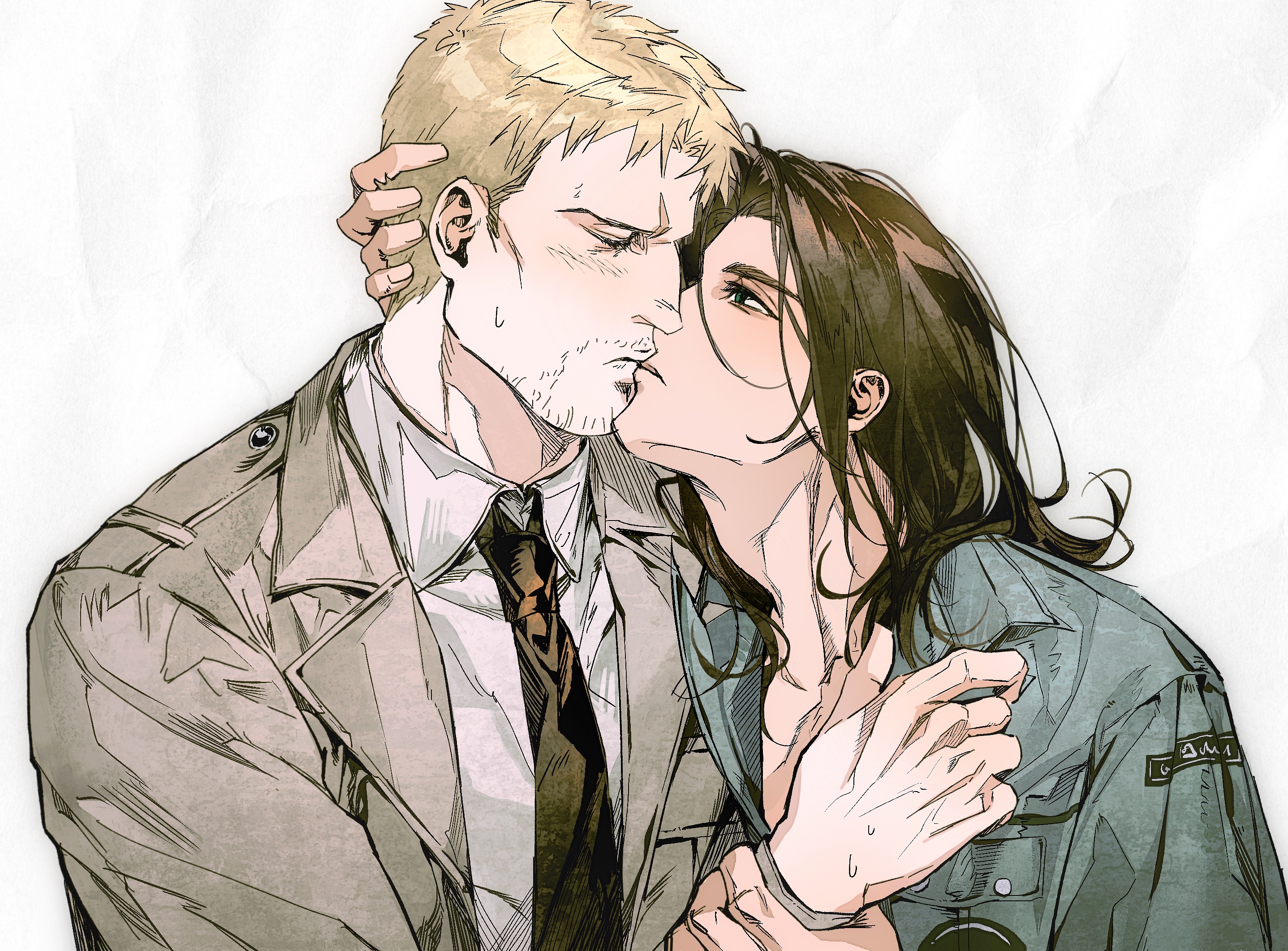kazami 1869, eren yeager, reiner braun, shingeki no kyojin, hashtag-only commentary, highres, 2boys, black necktie, blonde hair, blue jacket, brown hair, collared shirt, grey jacket, hand on another's head, hand on another's wrist, jacket, kiss, lapels, long hair, looking at another, male focus, multiple boys, necktie, notched lapels, shirt, short hair, upper body, white background, white shirt, wing collar, yaoi
