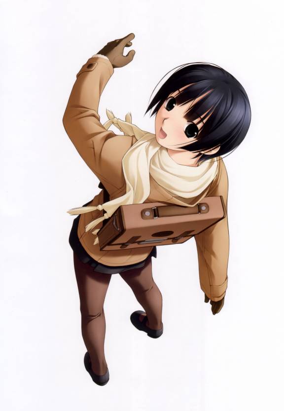 hashimoto takashi, ichinose mio, white breath, backpack, bag, black hair, coat, gloves, pantyhose, randoseru, school bag, school uniform, short hair