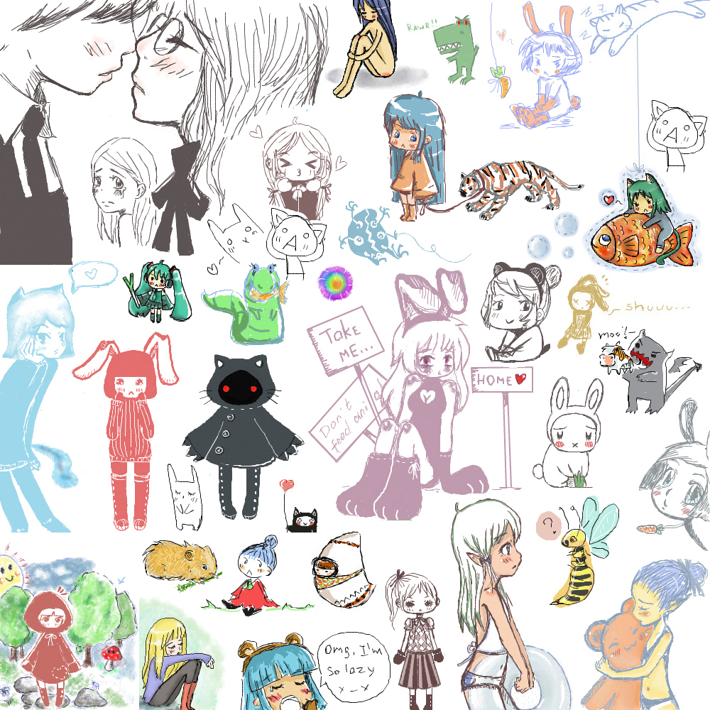 lilla my, little my, taokaka, hanamaru youchien, moomin, animal ears, bear, collage, impending sky, loli, rabbit, sketch