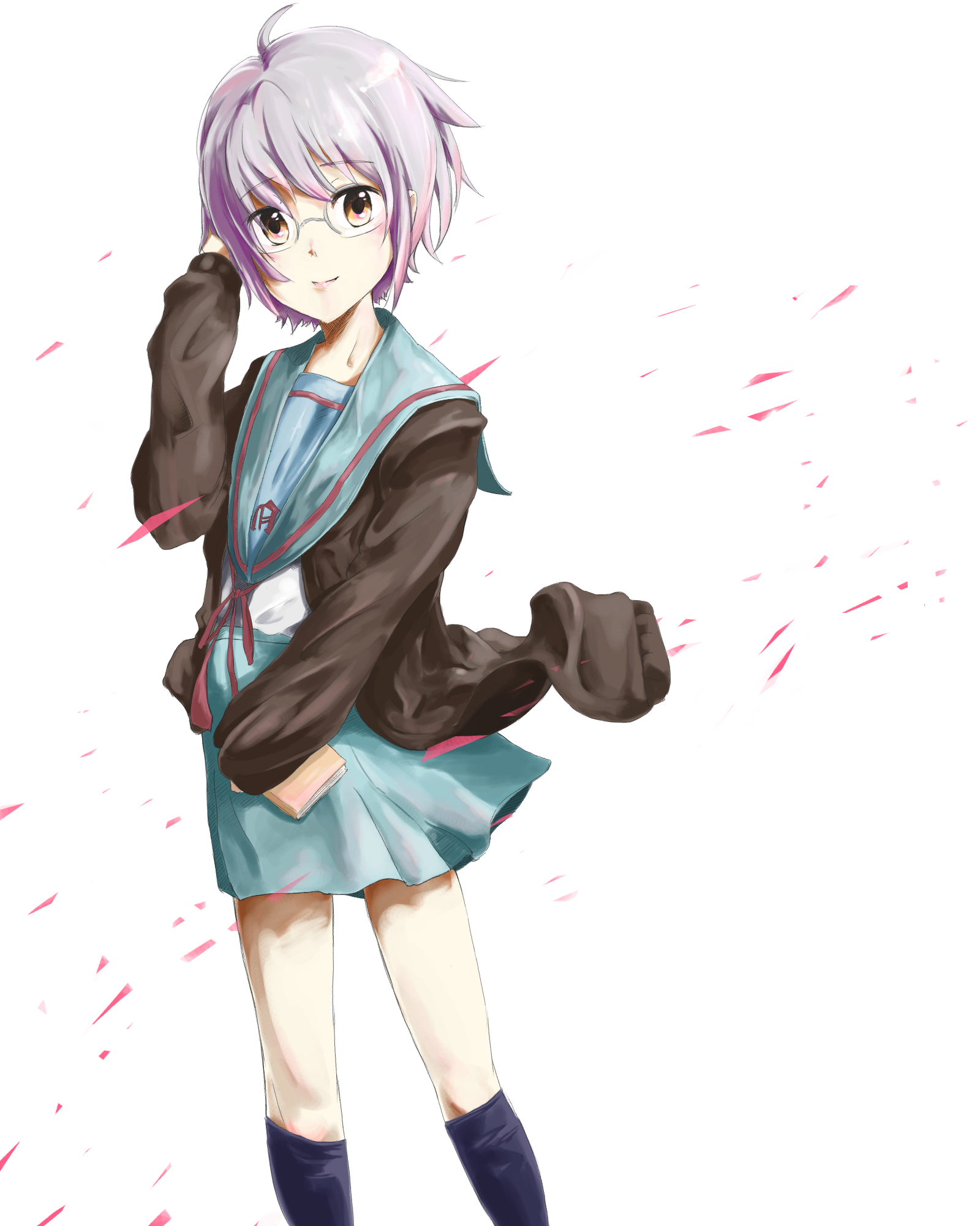soritasu, nagato yuki, suzumiya haruhi no shoushitsu, suzumiya haruhi no yuuutsu, silver hair, highres, 10s, book, brown eyes, cardigan, glasses, school uniform, serafuku, short hair, smile, solo
