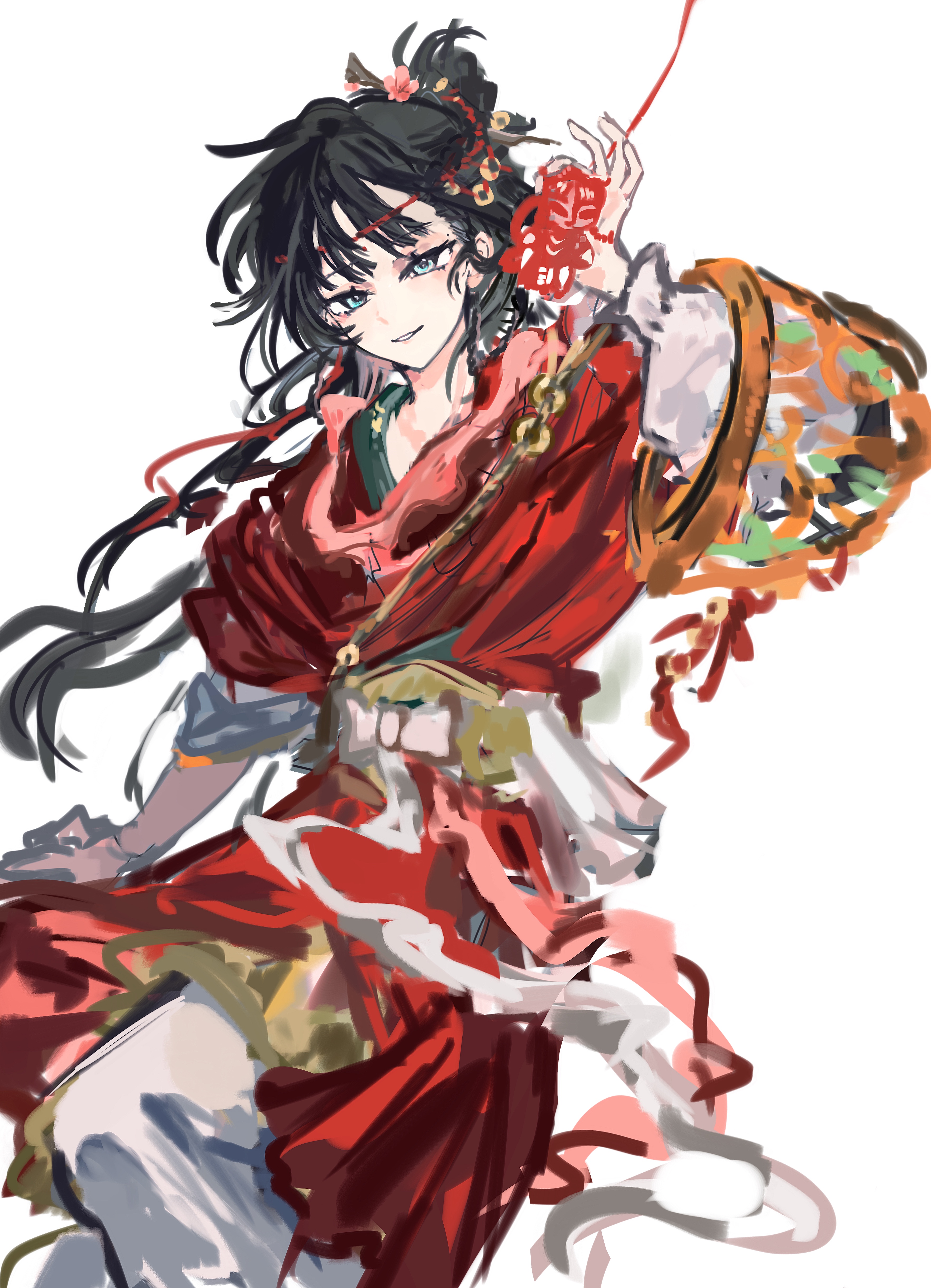 energysavingmode29, reverse:1999, absurdres, highres, 1girl, arm out of sleeve, black hair, blue eyes, chinese clothes, clothing cutout, facial mark, forehead mark, hair branch, hair bun, hair ornament, hand up, hanfu, holding, layered sleeves, long hair, long sleeves, looking at viewer, mole, mole above eye, paper heron, papercutting, parted lips, red hanfu, short over long sleeves, short sleeves, simple background, smile, solo, white background