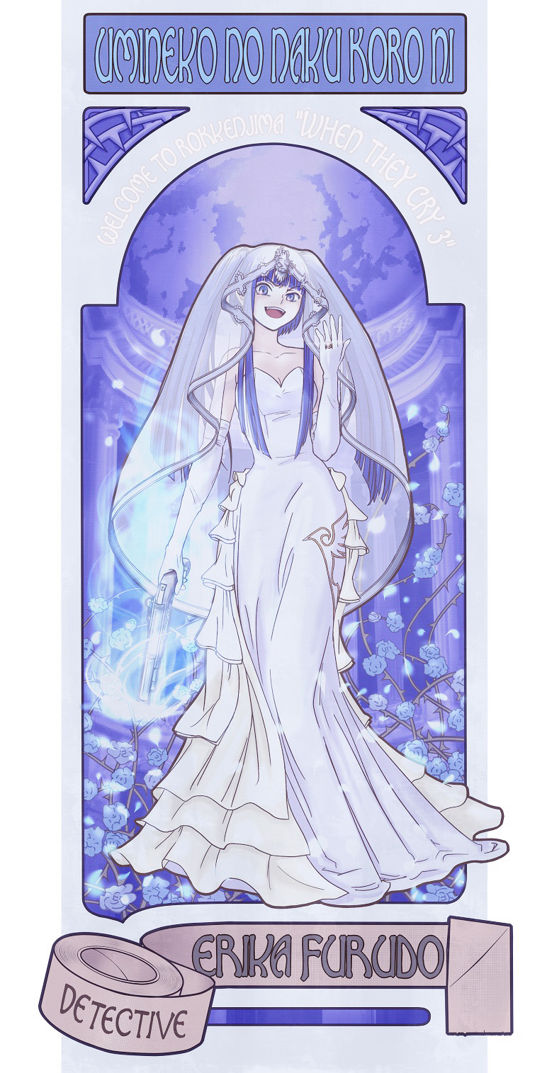 g-q-no-51, kuinji 51go, furudo erika, dawn of the golden witch, umineko no naku koro ni, bad id, bad pixiv id, highres, 1girl, art nouveau, blue hair, bride, dress, female focus, flower, gun, solo, twintails, weapon, wedding dress