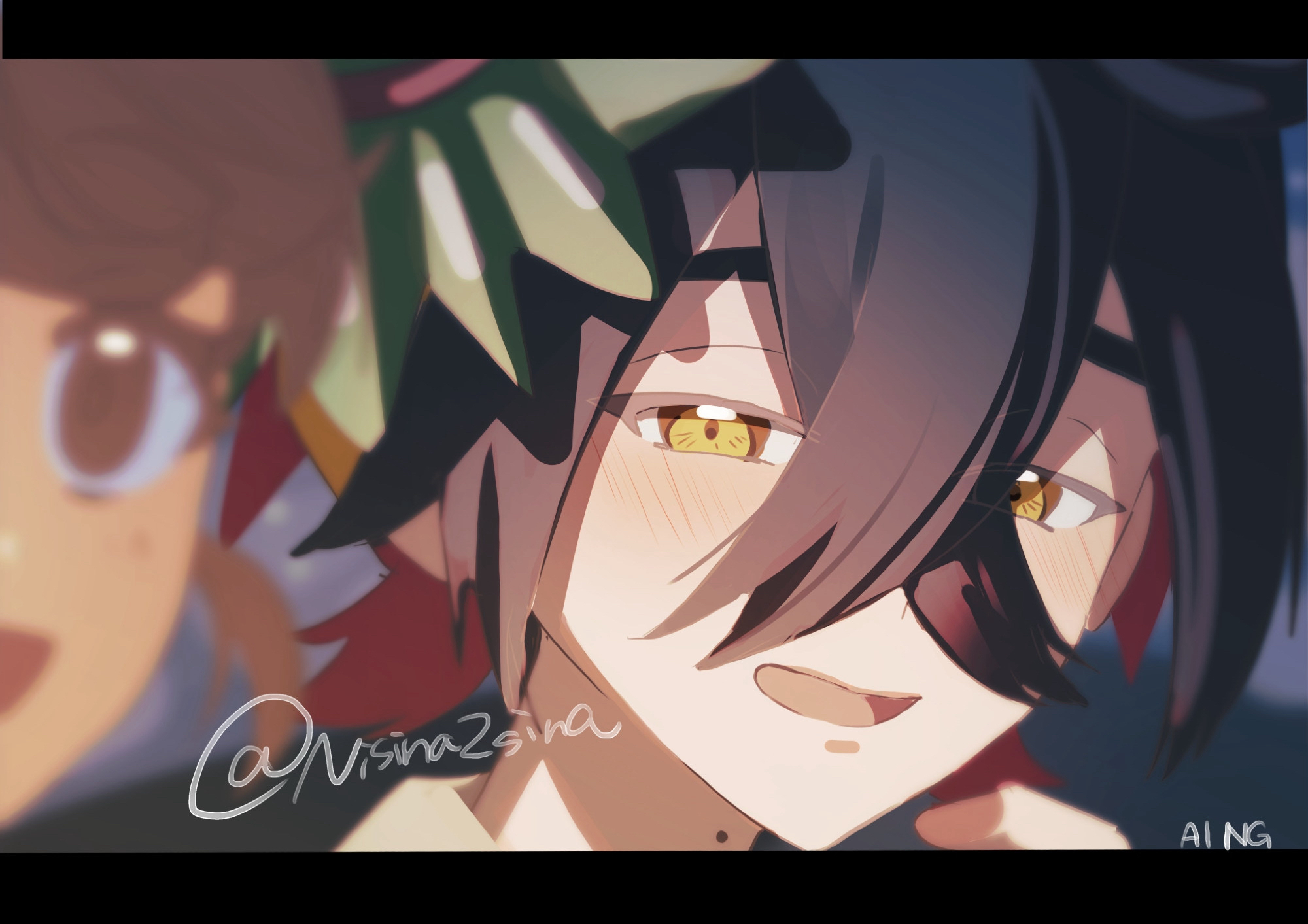 heidbd, juliana (pokemon), kieran (pokemon), nintendo, pokemon, pokemon sv, commentary request, highres, 1boy, 1girl, black hair, blurry, blush, crossed bangs, hair between eyes, letterboxed, looking at viewer, mole, mole on neck, open mouth, tongue, twitter username, yellow eyes