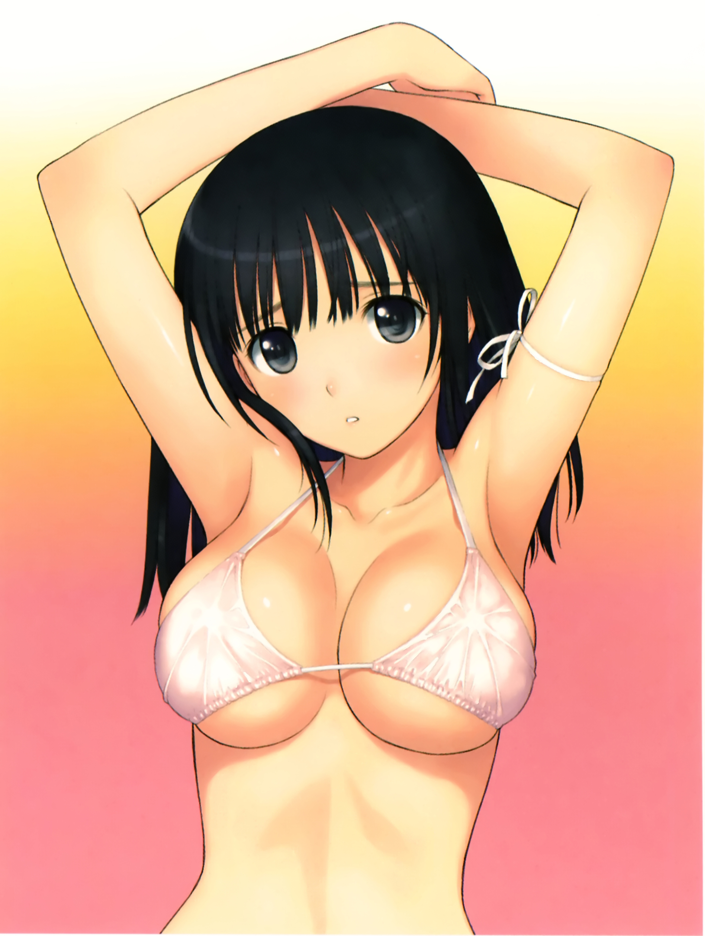 tony taka, saeki ai, fault!!, absurdres, highres, 00s, 1girl, armpits, arms behind head, bikini, bikini top only, black hair, breasts, female focus, ribbon, solo, string bikini, swimsuit, underboob, white bikini