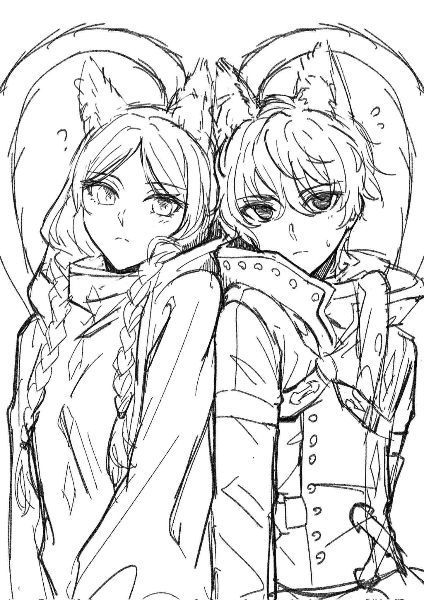 no name assassin (fate), sigma (fate), fate/strange fake, fate (series), commentary, highres, symbol-only commentary, 1boy, 1girl, ?, animal ear fluff, animal ears, baixiang1234567, braid, cat ears, cat tail, closed mouth, expressionless, flying sweatdrops, hair between eyes, heart tail duo, jacket, kemonomimi mode, long hair, long sleeves, looking at viewer, monochrome, short hair, sweatdrop, tail, twin braids, wavy hair