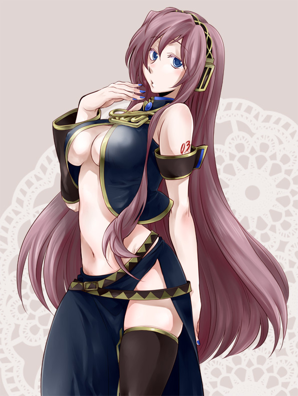 wagyandamu, wagyannu, megurine luka, vocaloid, bad id, bad pixiv id, 1girl, armband, bare shoulders, blue eyes, blue nails, blush, breasts, cleavage, detached sleeves, doily, female focus, flapper shirt, large breasts, long hair, midriff, nail polish, navel, pink hair, shirt, side slit, skirt, solo, thighhighs, underboob, very long hair, vest