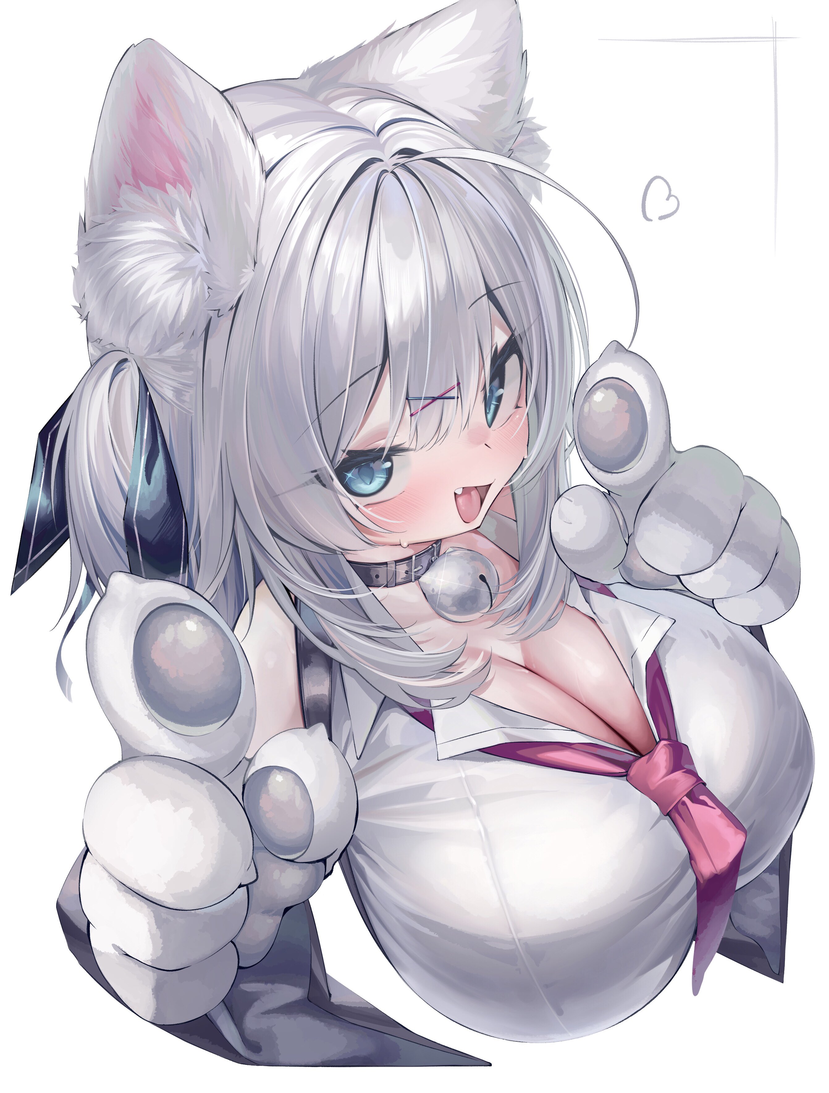 konagi (konotuki), original, absurdres, commentary request, highres, 1girl, ahoge, animal ear fluff, animal ears, animal hands, bell, black choker, blue eyes, breasts, cat ears, choker, cleavage, fang, gloves, hair ornament, hair ribbon, heart, huge breasts, large breasts, looking at viewer, loose necktie, neck bell, necktie, paw gloves, pointing, pointing at viewer, ribbon, shirt, short twintails, simple background, twintails, upper body, white background, white hair, white shirt, x hair ornament