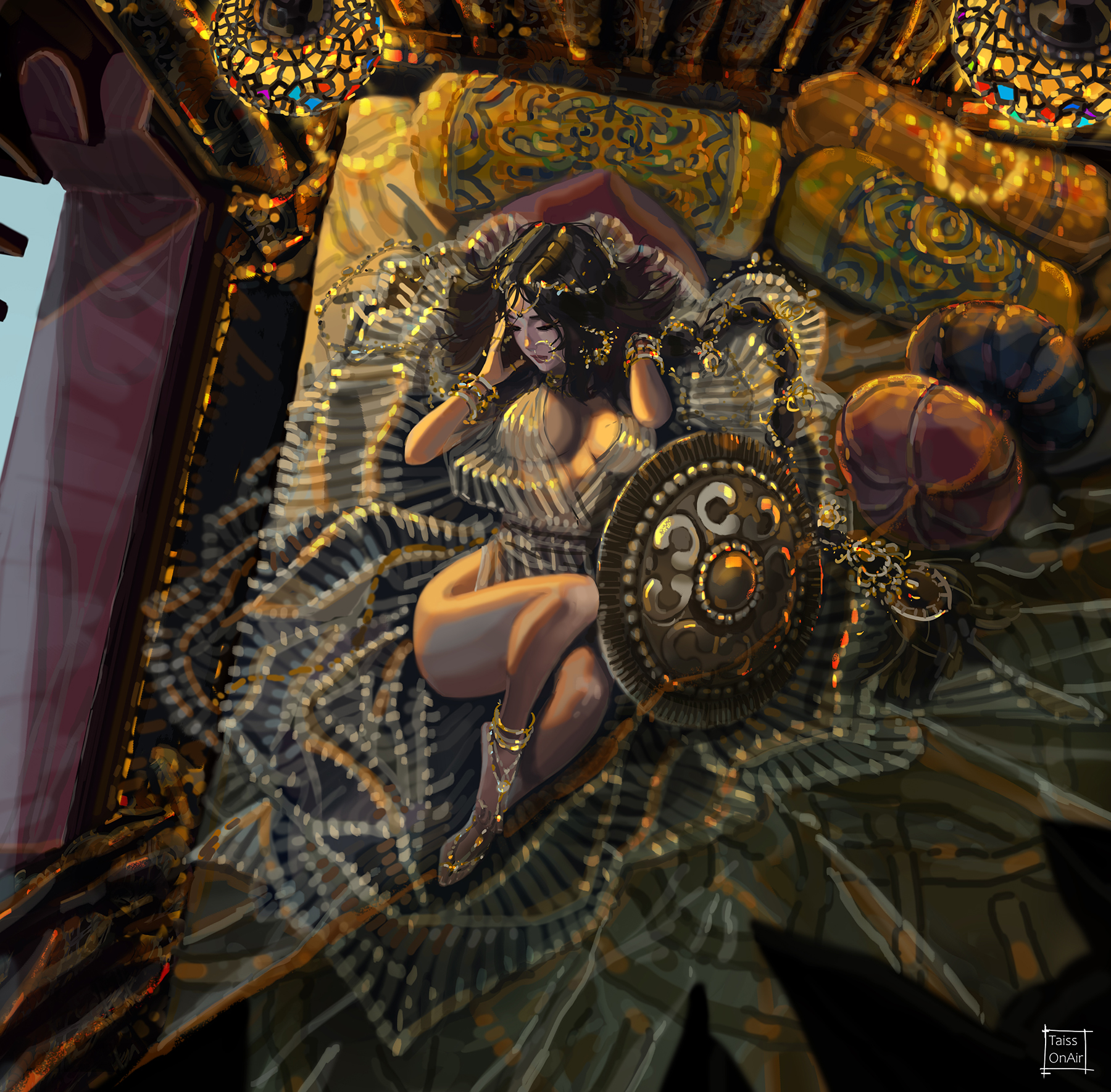 tatti art, final fantasy, final fantasy xiv, commentary, commission, english commentary, highres, variant set, 1girl, black hair, bracelet, breasts, breasts apart, closed mouth, from above, indoors, jewelry, large breasts, long hair, lying, on bed, sandals, shield, solo, wide hips