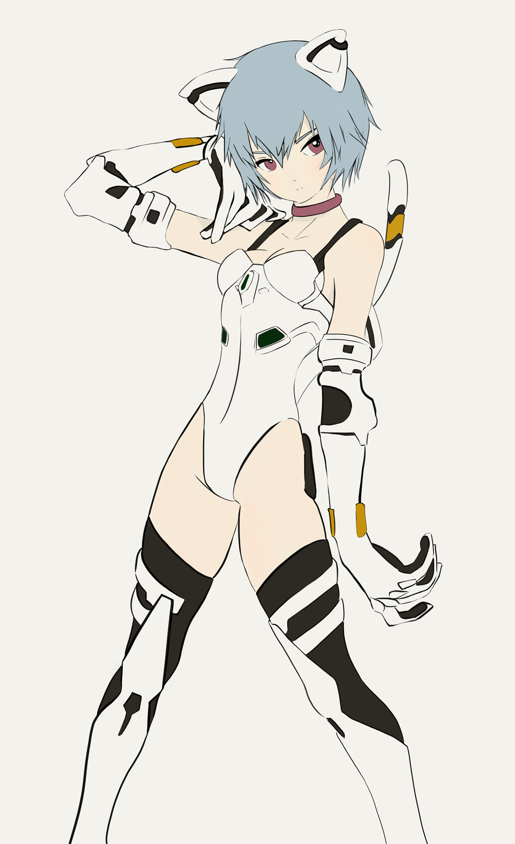 dragoooon, ayanami rei, neon genesis evangelion, pilot suit, artist request, bad id, bad pixiv id, highres, 1girl, adapted costume, alternate costume, animal ears, arm at side, arm up, bare shoulders, black thighhighs, blue hair, breasts, cat ears, cat tail, choker, cleavage, closed mouth, collar, elbow gloves, expressionless, fake animal ears, fake tail, female focus, flat color, from side, full body, gloves, grey background, groin, hair between eyes, head tilt, highleg, highleg leotard, kemonomimi mode, legs apart, leotard, looking at viewer, mecha pilot suit, narrow waist, plugsuit (evangelion), purple eyes, red eyes, short hair, simple background, small breasts, solo, standing, super plugsuit (evangelion), tail, thighhighs, white gloves, white leotard, white thighhighs