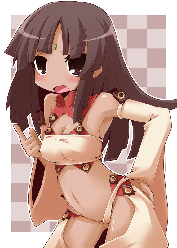 reku, summon night, summon night 2, lu, 1girl, blush, breasts, brown eyes, brown hair, cleavage, dark-skinned female, dark skin, detached sleeves, female focus, hand on own hip, long hair, navel, revealing clothes, solo