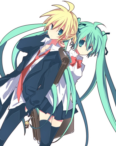 mashiro pima, hatsune miku, kagamine len, vocaloid, aqua eyes, aqua hair, blonde hair, long hair, necktie, school uniform, skirt, thighhighs, twintails, very long hair, zettai ryouiki