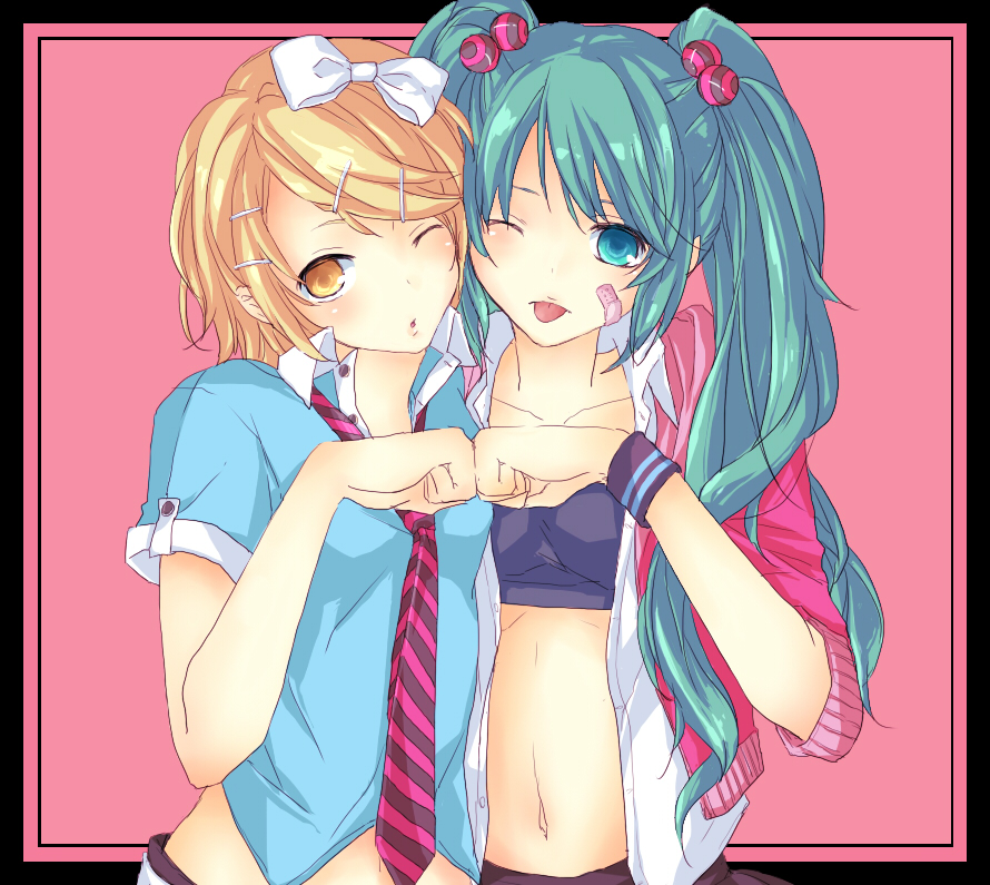 amakyon, hatsune miku, kagamine rin, vocaloid, bad id, bad pixiv id, 2girls, ;p, aqua eyes, aqua hair, blonde hair, bow, casual, fashion, fist bump, hair bobbles, hair bow, hair ornament, hairclip, long hair, midriff, multiple girls, necktie, one eye closed, short hair, sleeves pushed up, tongue, tongue out, twintails, wink, yellow eyes