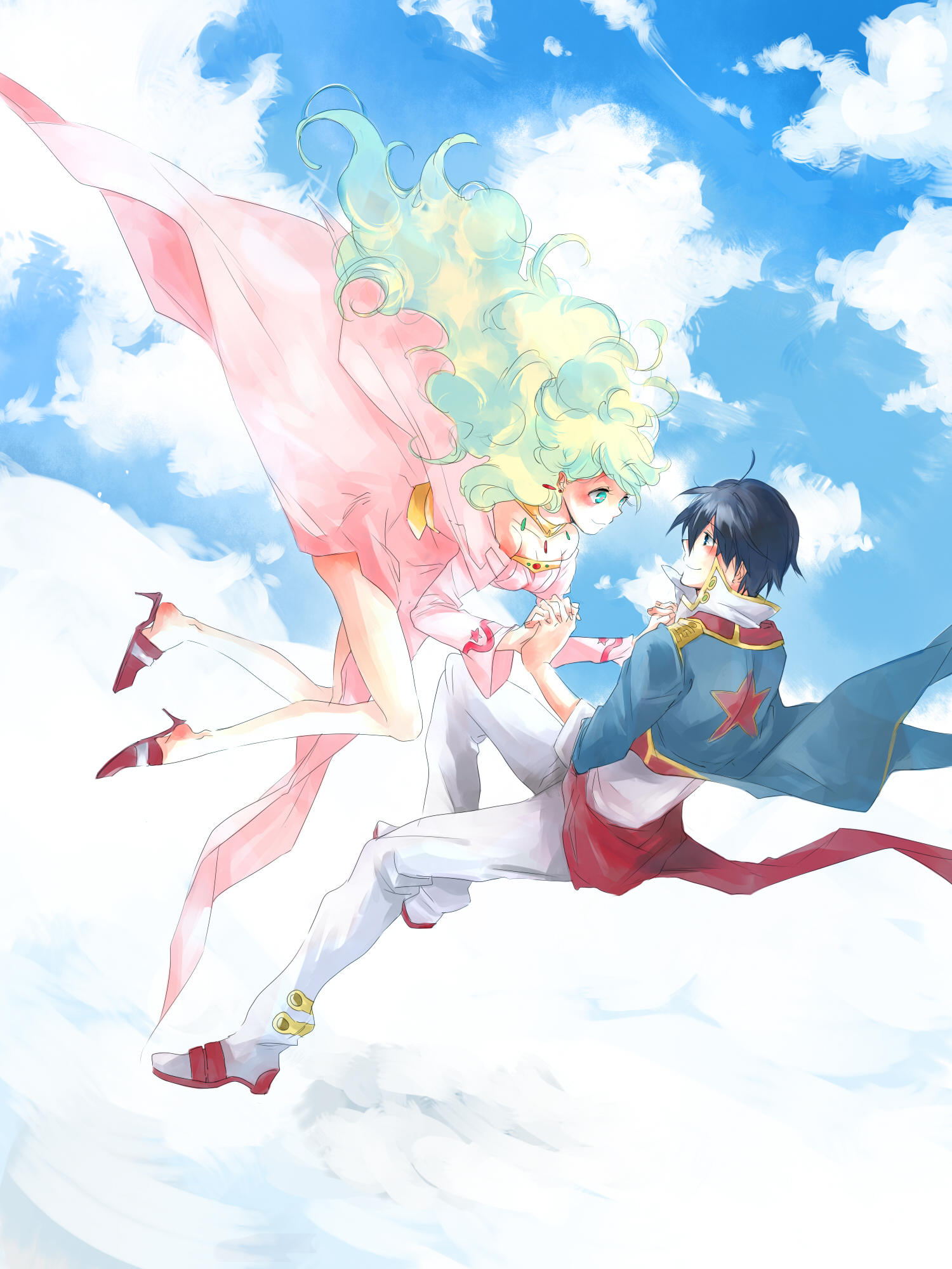 seu (artist), nia teppelin, simon (ttgl), tengen toppa gurren lagann, bad id, bad pixiv id, highres, 00s, 1boy, 1girl, blue hair, cloud, couple, dress, falling, happy, hetero, holding hands, jewelry, multicolored hair, pink dress, sky, smile, two-tone hair