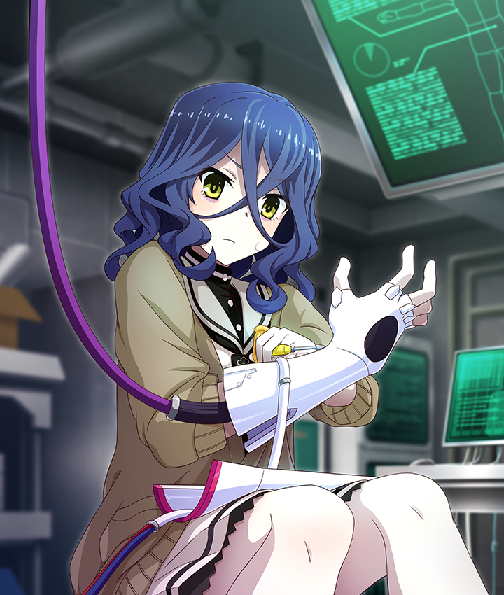 toji no miko, toji no miko: kizamishi issen no tomoshibi, game cg, official art, third-party source, 1girl, ayanokouji martial arts school uniform, bags under eyes, blue hair, box, brown cardigan, cable, cardboard box, cardigan, closed mouth, computer, fingerless gloves, gloves, green eyes, grey sailor collar, hair between eyes, haji keiko, hand up, holding, holding screwdriver, indoors, industrial pipe, laboratory, medium hair, monitor, open cardigan, open clothes, pale skin, sailor collar, school uniform, screwdriver, serafuku, shirt, single glove, sitting, skirt, small sweatdrop, solo, wavy hair, white gloves, white serafuku, white shirt, white skirt