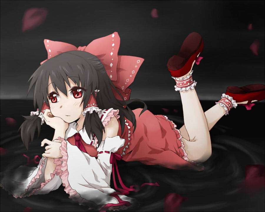 kagiana, hakurei reimu, touhou, jpeg artifacts, 1girl, black hair, bow, detached sleeves, female focus, gradient background, hair bow, head rest, japanese clothes, long hair, lying, miko, on stomach, red eyes, solo