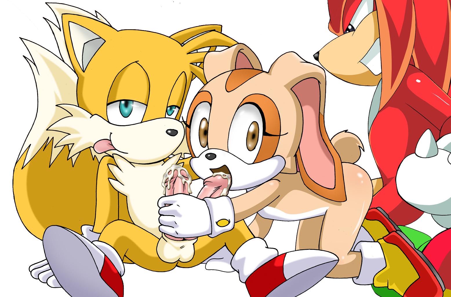 cream the rabbit, knuckles the echidna, tails (sonic), sonic (series), animal ears, extra penises, fellatio, from behind, group sex, oral, penis, rabbit ears, sex, threesome