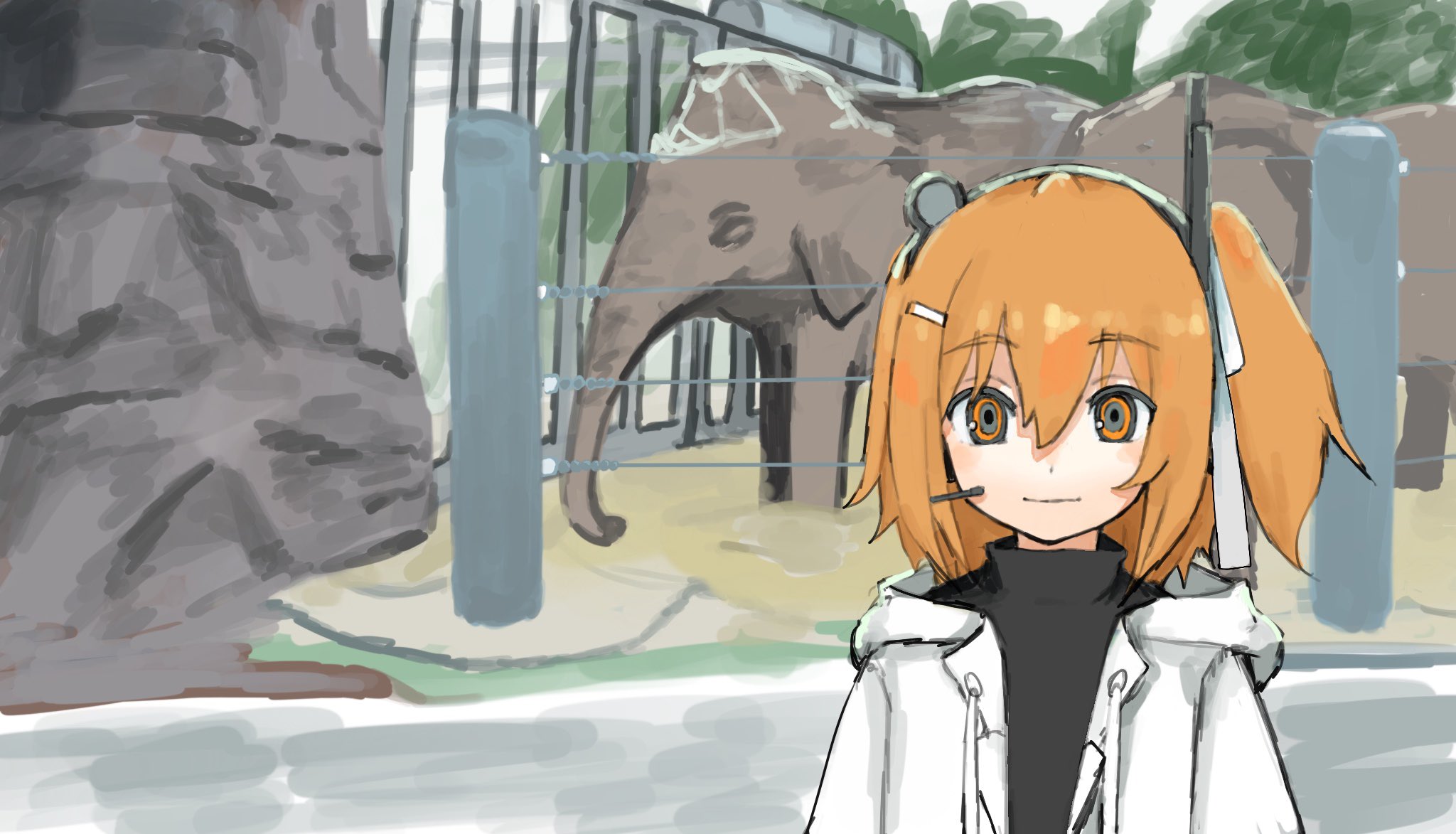 adachi rei, a.i. voice, utau, youtube, highres, 1girl, black shirt, closed mouth, day, elephant, fence, hair ribbon, headlamp, hood, hood down, hooded jacket, jacket, looking at viewer, one side up, open clothes, open jacket, orange eyes, orange hair, outdoors, parody, parodysenyou, radio antenna, ribbon, shirt, smile, solo, straight-on, upper body, white jacket, white ribbon, zoo