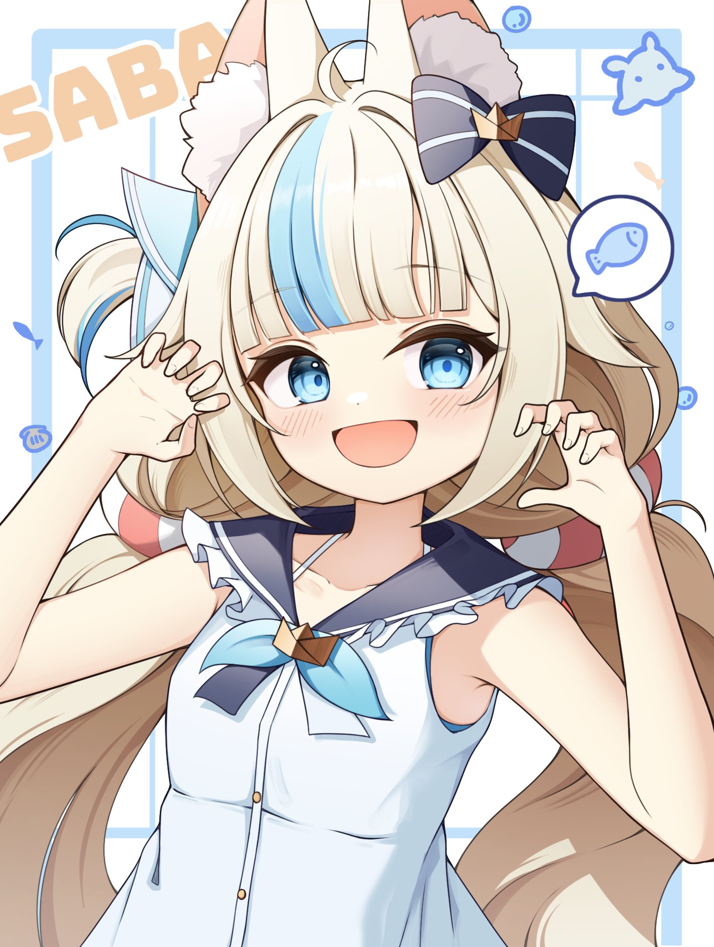 gyeou lee, sameko saba, indie virtual youtuber, commentary, english commentary, highres, 1girl, :d, ahoge, animal ear fluff, animal ears, black bow, black sailor collar, blonde hair, blue bow, blue bowtie, blue eyes, blunt bangs, bow, bowtie, cat ears, character name, claw pose, fish, hair bow, hands up, long hair, low twintails, multicolored hair, open mouth, sailor collar, shirt, sleeveless, sleeveless shirt, smile, solo, spoken animal, streaked hair, twintails, upper body, virtual youtuber, white background, white shirt