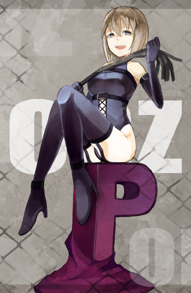 pos (shiratama-ya), hagiwara yukiho, idolmaster, idolmaster (classic), 1girl, bare shoulders, bdsm, bob cut, boots, brown eyes, brown hair, dominatrix, elbow gloves, female focus, from below, garter straps, gloves, legs, long legs, looking down, short hair, sitting, smile, solo, thigh boots, thighhighs, whip