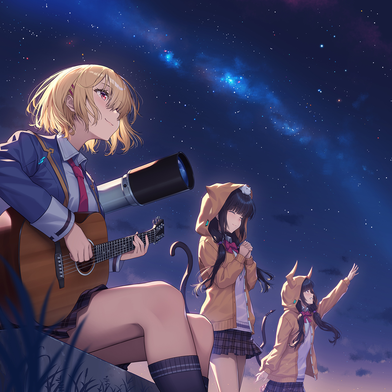 athrun1120, asakura karen (heaven burns red), kayamori ruka, heaven burns red, commentary request, highres, 3girls, acoustic guitar, animal, animal hood, animal on head, arm up, backlighting, black hair, black skirt, black socks, blonde hair, blue jacket, blunt bangs, blurry, blush, bow, bowtie, brown eyes, cat, cat hood, cat on head, cat tail, closed mouth, collared shirt, demon tail, depth of field, dual persona, eyelashes, fake horns, fake tail, feet out of frame, floating hair, from below, grass, guitar, hair bobbles, hair ornament, hair over one eye, hairclip, half updo, hands up, holding, holding guitar, holding instrument, hood, horned hood, horns, instrument, interlocked fingers, jacket, kneehighs, long bangs, long hair, looking up, low twintails, miniskirt, multiple girls, music, necktie, night, nose, on head, one eye covered, open clothes, open jacket, outdoors, own hands together, parallel hairclips, plaid clothes, plaid skirt, playing guitar, playing instrument, pleated skirt, profile, red bow, red bowtie, red eyes, red necktie, shirt, short hair, sitting, skirt, sky, smile, socks, split mouth, standing, star (sky), starry sky, tail, telescope, twintails, white cat, white shirt