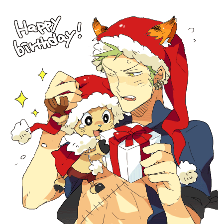 roronoa zoro, one piece, lowres, 1boy, animal ears, christmas, green hair, male focus, ribbon, tiger ears, yellow eyes