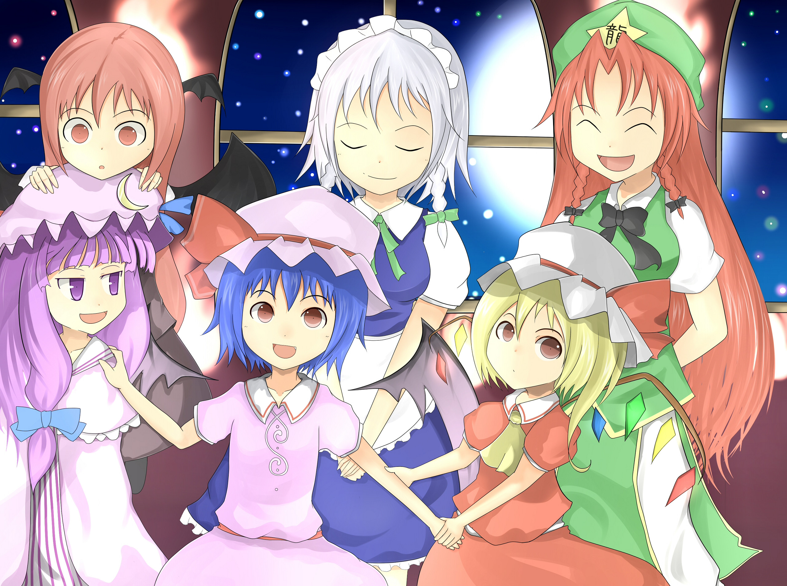 inoopy, flandre scarlet, hong meiling, izayoi sakuya, koakuma, patchouli knowledge, remilia scarlet, embodiment of scarlet devil, touhou, silver hair, artist request, bad id, bad pixiv id, highres, 5girls, 6+girls, :d, :o, ^ ^, apron, ascot, bat wings, blonde hair, blue hair, bow, braid, china dress, chinese clothes, closed eyes, demon girl, dress, fang, female focus, grey eyes, hairband, hat, head wings, indoors, long hair, maid, maid apron, multiple girls, open mouth, purple eyes, purple hair, red eyes, red hair, short hair, siblings, side ponytail, sisters, skirt, sky, smile, twin braids, vampire, wings