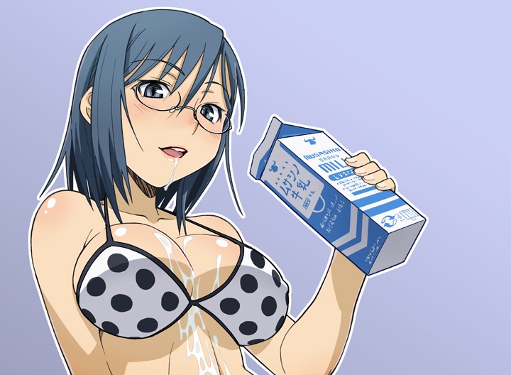 haganemaru kennosuke, konori mii, toaru kagaku no railgun, toaru majutsu no index, messy, 1girl, bikini, blue eyes, blush, bra, breasts, cleavage, drink carton, female focus, glasses, large breasts, lingerie, milk, milk carton, open mouth, polka dot, polka dot bikini, polka dot bra, polka dot swimsuit, purple hair, sexually suggestive, short hair, solo, suggestive fluid, swimsuit, underwear, white bikini