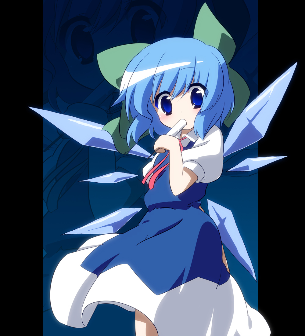 oka (bananashoe), cirno, touhou, touhou hisoutensoku, blue eyes, blue hair, dress, food, hair ribbon, popsicle, ribbon, solo, zoom layer