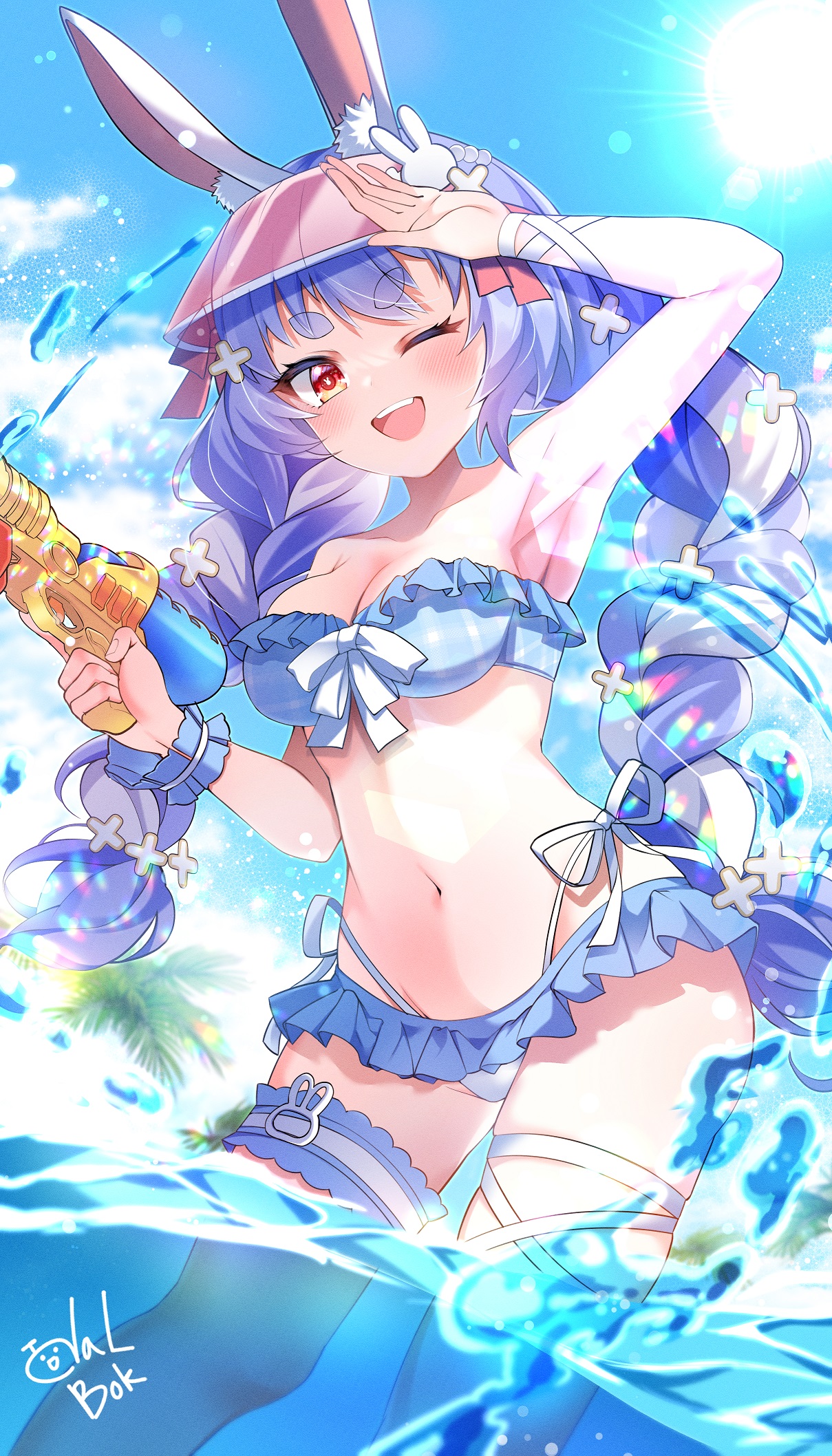 todalbok106, usada pekora, hololive, 1girl, animal ear fluff, arm up, armpits, bare shoulders, bikini, blue bikini, blue hair, blue sky, blue wrist cuffs, braid, braided twintails, breasts, cleavage, day, feet out of frame, frilled bikini, frills, hair ornament, hand up, holding, holding water gun, leg ribbon, lens flare, light blush, long hair, looking at viewer, low twintails, medium breasts, multi-strapped bikini bottom, multicolored hair, navel, one eye closed, open mouth, outdoors, palm tree, plaid bikini, plaid clothes, rabbit-shaped pupils, rabbit ears, rabbit hair ornament, red eyes, red visor, ribbon, shading eyes, short eyebrows, signature, skindentation, sky, smile, solo, standing, strapless, strapless bikini, sun, sunlight, swept bangs, swimsuit, symbol-shaped pupils, teeth, thick eyebrows, thigh ribbon, thigh strap, tree, twintails, upper teeth only, very long hair, virtual youtuber, visor cap, wading, water, water gun, white hair, white ribbon, wrist cuffs, wrist ribbon, x hair ornament