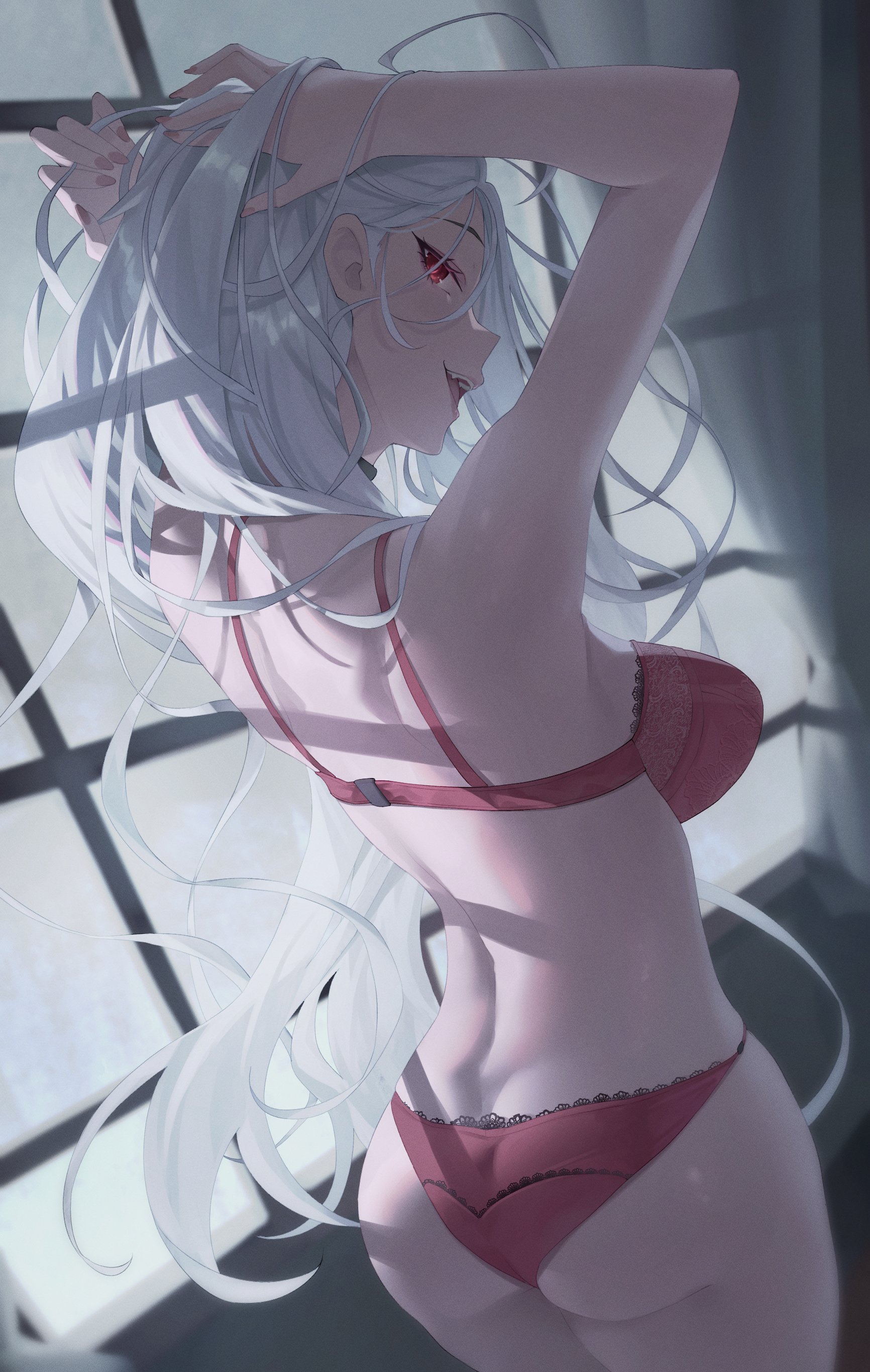 gueya, akashiya moka, inner moka, rosario+vampire, absurdres, commentary, commission, english commentary, highres, 1girl, adjusting hair, ass, back, bra, breasts, from behind, large breasts, long hair, looking at viewer, looking back, open mouth, panties, red bra, red panties, solo, underwear, very long hair, white hair