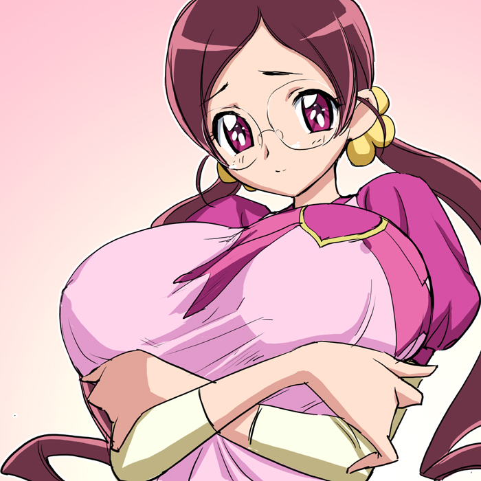 magaki ryouta, hanasaki tsubomi, heartcatch precure!, precure, 10s, 1girl, aged up, alternate breast size (larger), breasts, eyelashes, female focus, glasses, huge breasts, pink eyes, red hair, round eyewear, solo, twintails