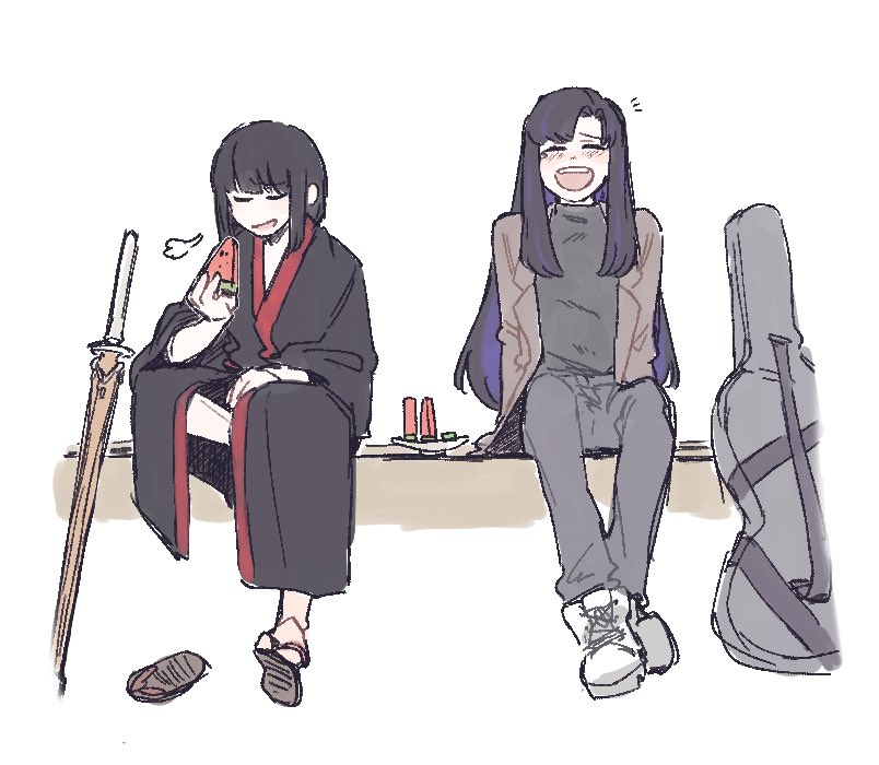 ssmr rolling, araya (project moon), ryoshu (project moon), limbus company, project moon, 2girls, black hair, black kimono, black pants, black shirt, blue hair, boots, brown jacket, colored inner hair, food, fruit, instrument case, jacket, japanese clothes, kimono, lapels, laughing, mother and daughter, multicolored hair, multiple girls, notched lapels, pants, plate, shirt, short hair, sitting, watermelon, watermelon slice, white boots